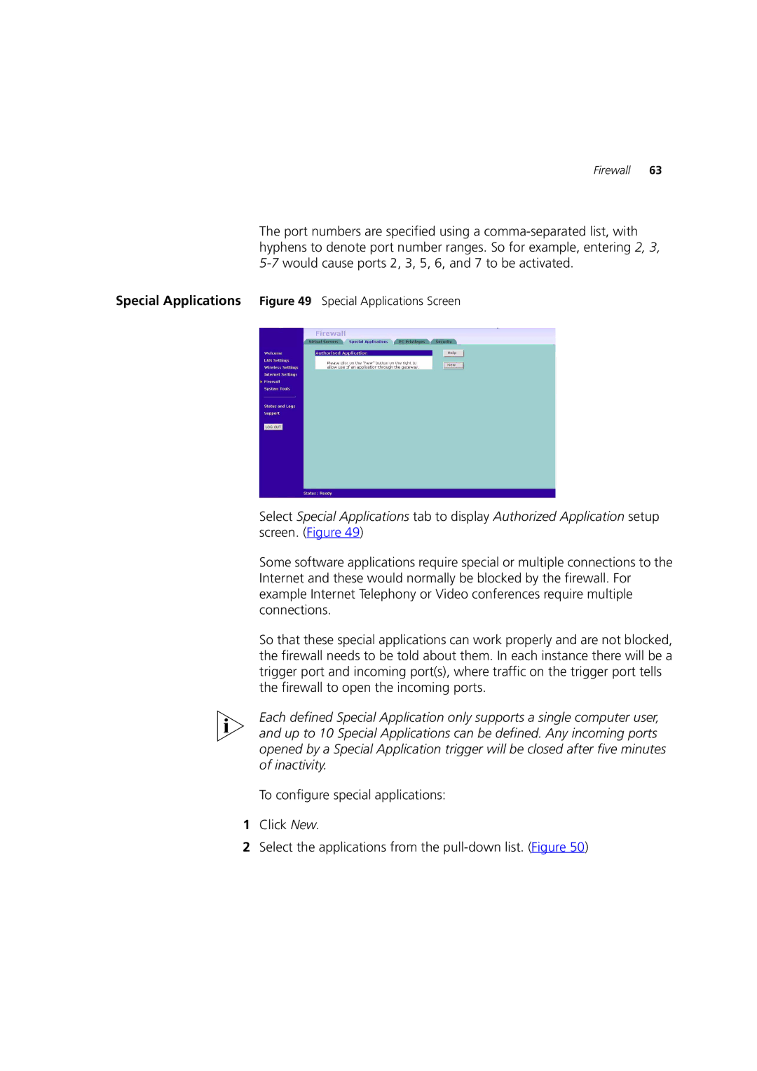 3Com 3CRWE52196 manual Special Applications Special Applications Screen 