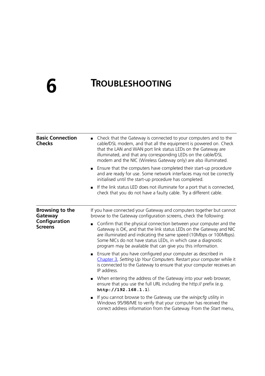 3Com 3CRWE52196 manual Basic Connection, Checks, Browsing to the Gateway Configuration Screens 