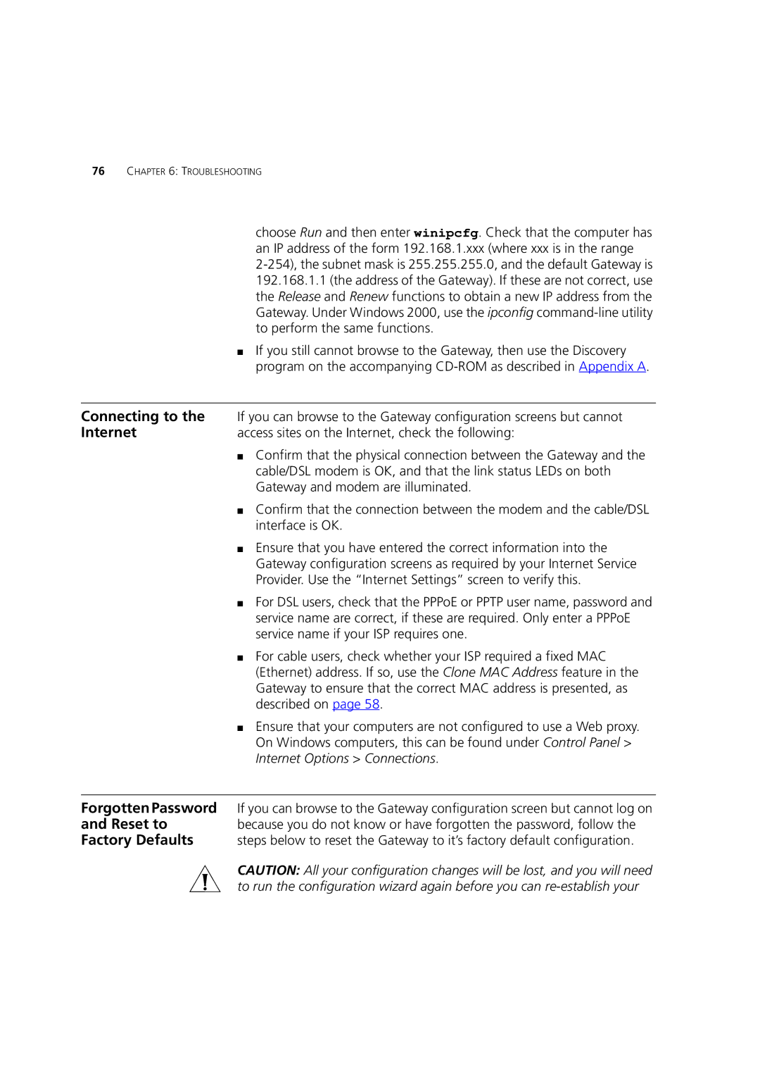 3Com 3CRWE52196 manual Connecting to, Internet, Forgotten Password, Reset to, Factory Defaults 