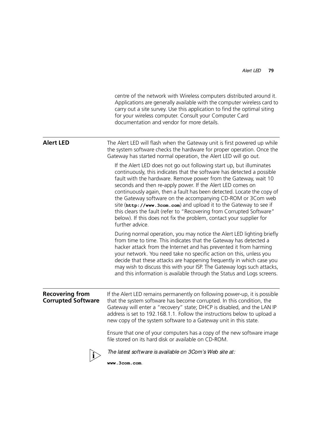 3Com 3CRWE52196 manual Alert LED, Recovering from 