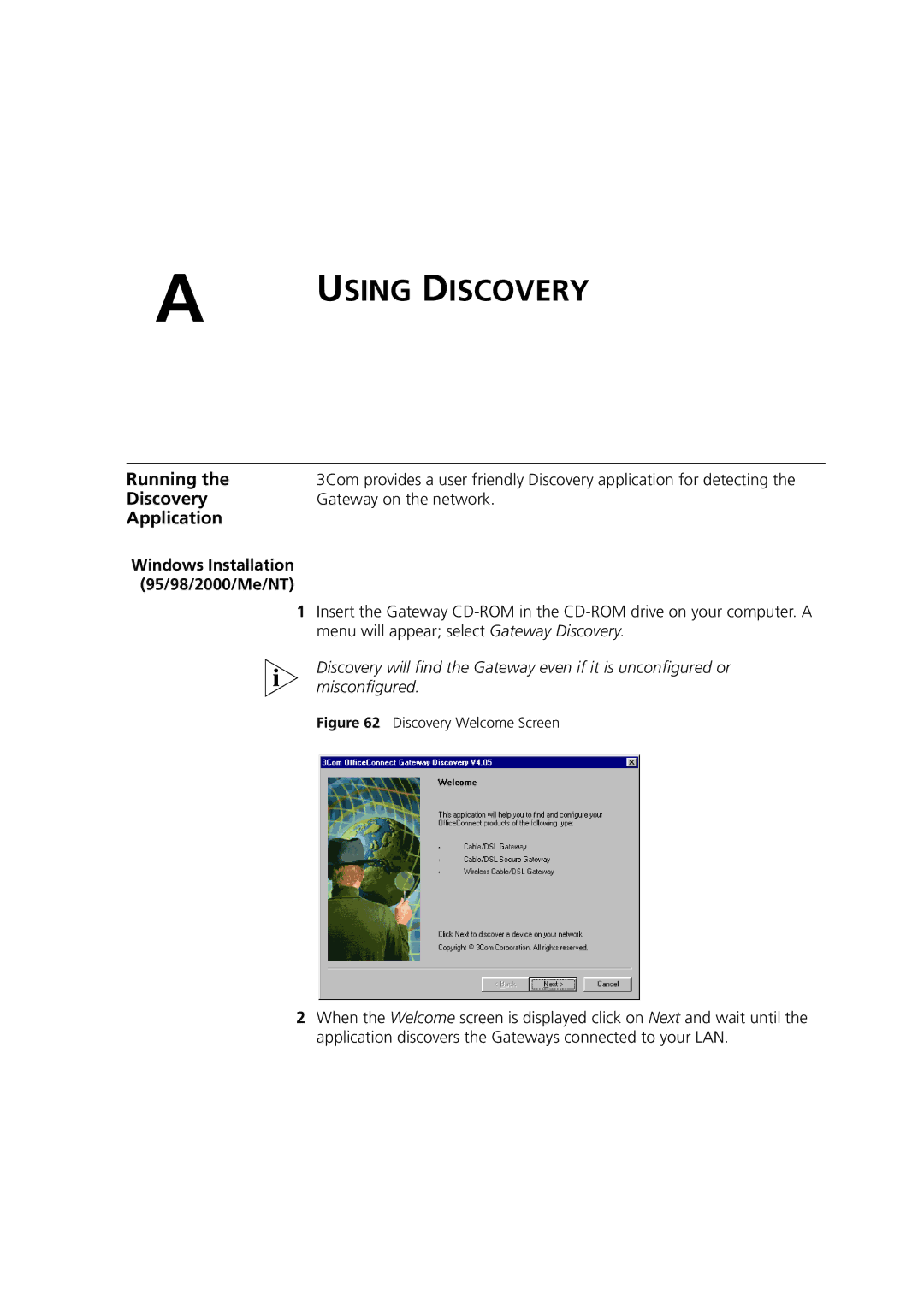 3Com 3CRWE52196 manual Running, Discovery, Application, Gateway on the network, Windows Installation 95/98/2000/Me/NT 