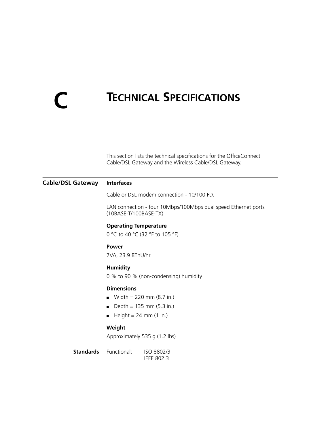 3Com 3CRWE52196 manual Cable/DSL Gateway Interfaces 