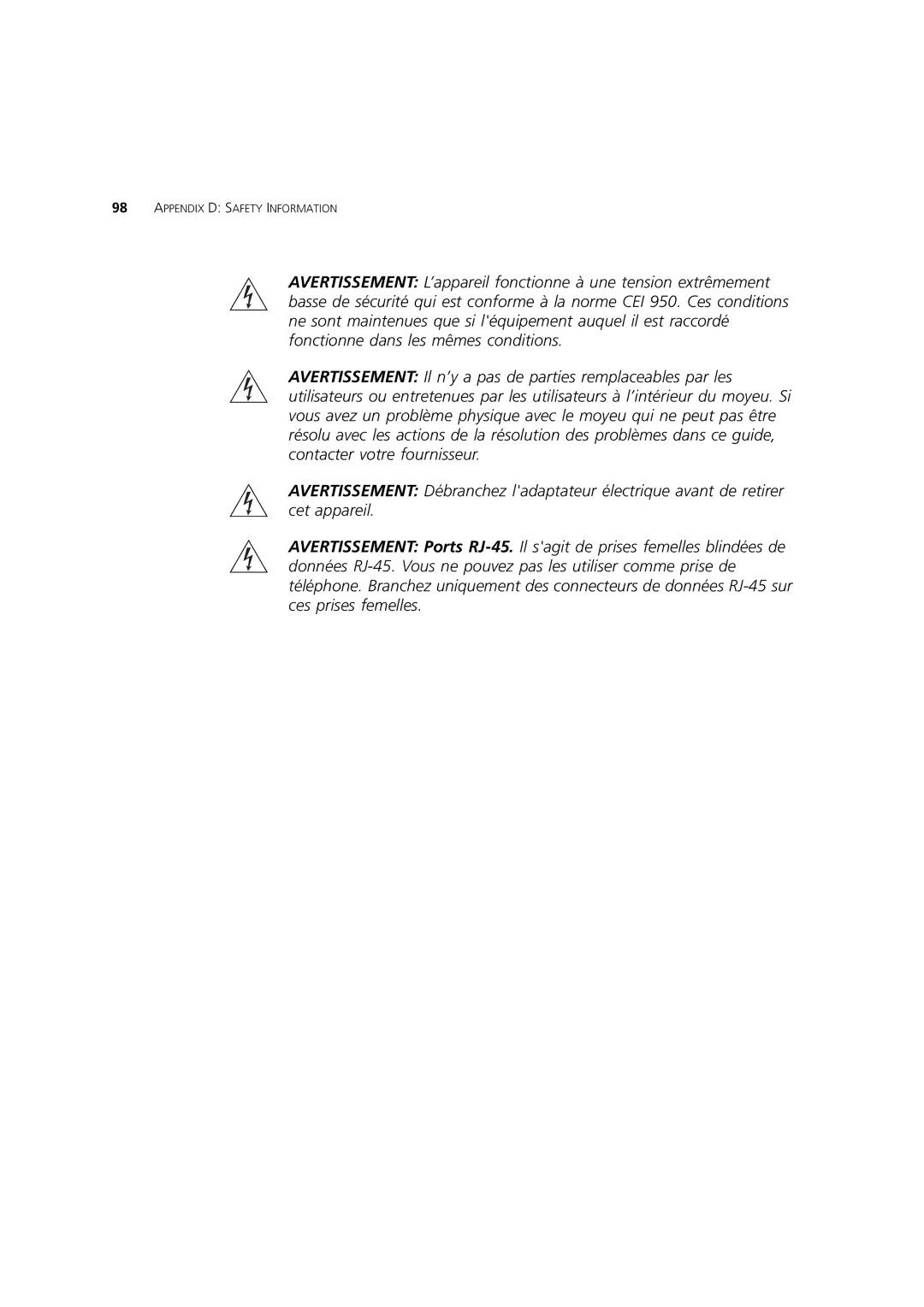 3Com 3CRWE52196 manual Appendix D Safety Information 