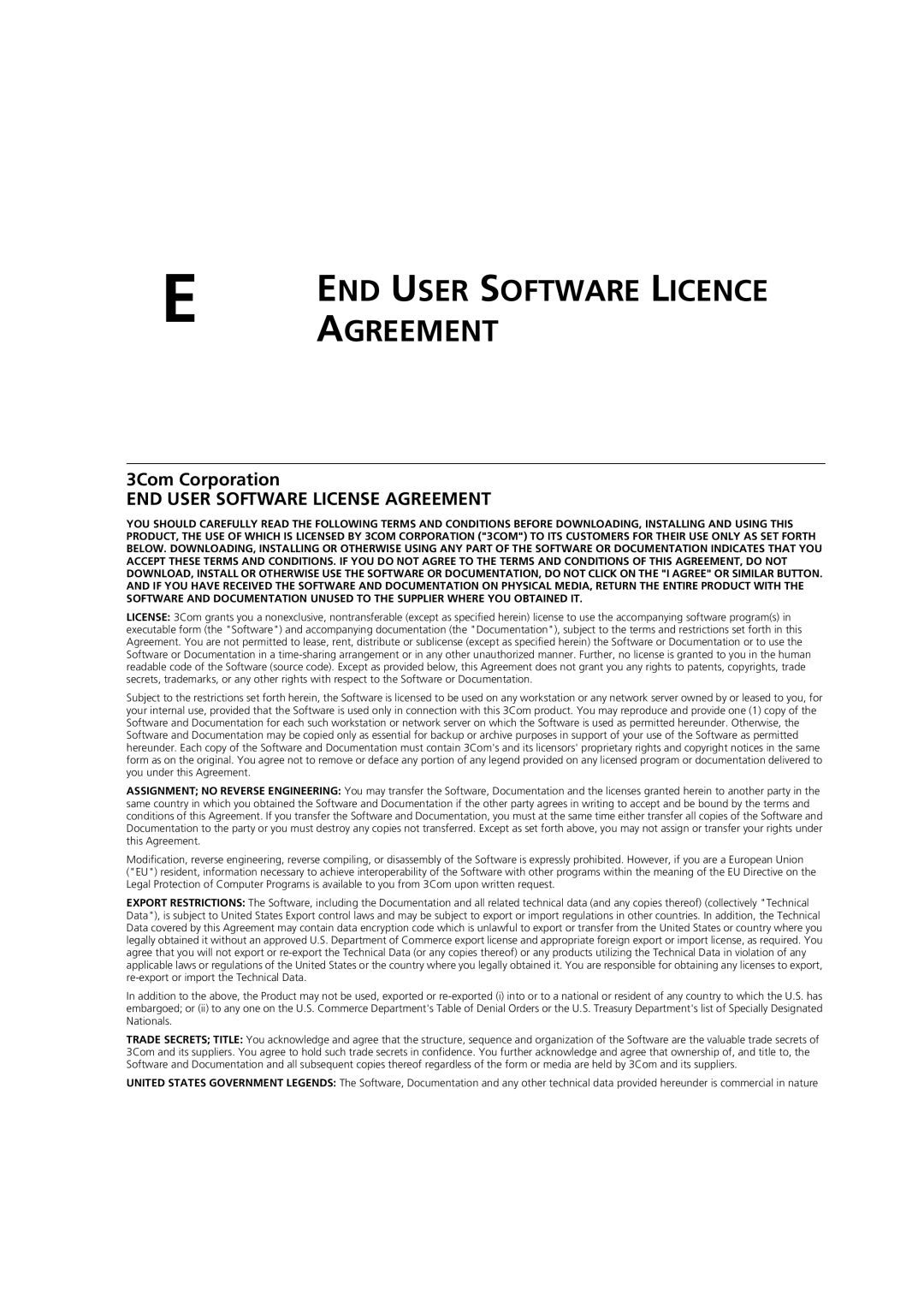 3Com 3CRWE52196 manual Agreement, 3Com Corporation 