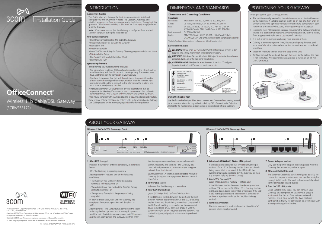 3Com 3CRWE53172 dimensions Introduction, About Your Gateway, Dimensions and Standards, Positioning Your Gateway 