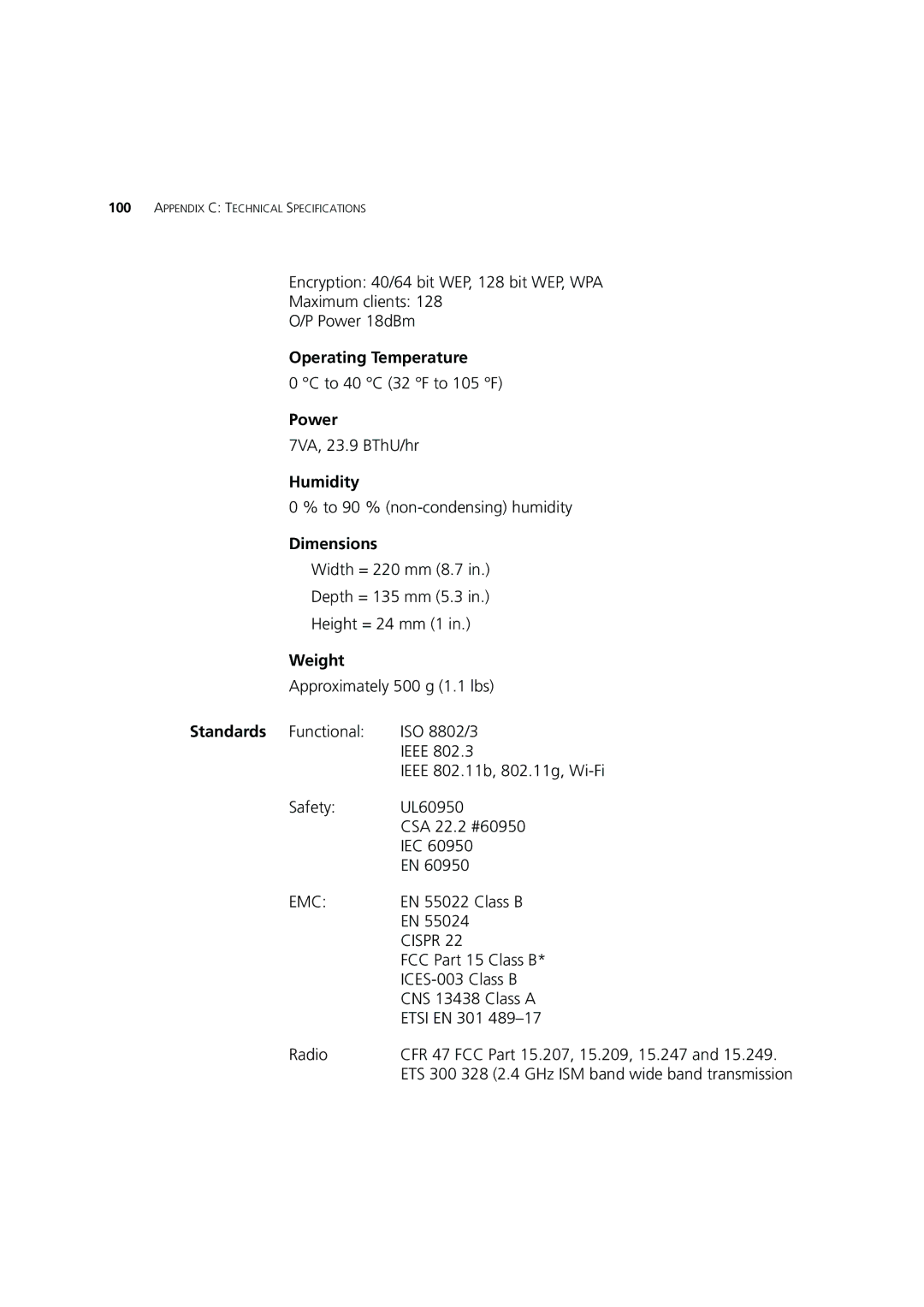 3Com 3CRWE554G72 manual Operating Temperature, Power, Humidity, Dimensions, Weight 