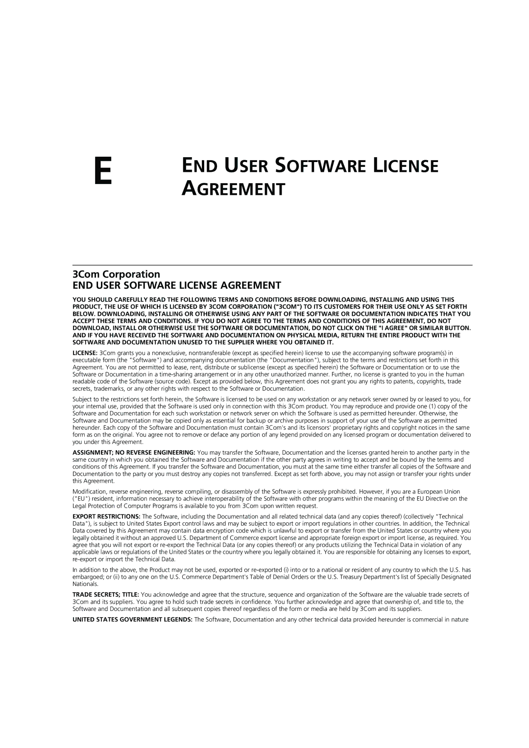 3Com 3CRWE554G72 manual Agreement, 3Com Corporation 