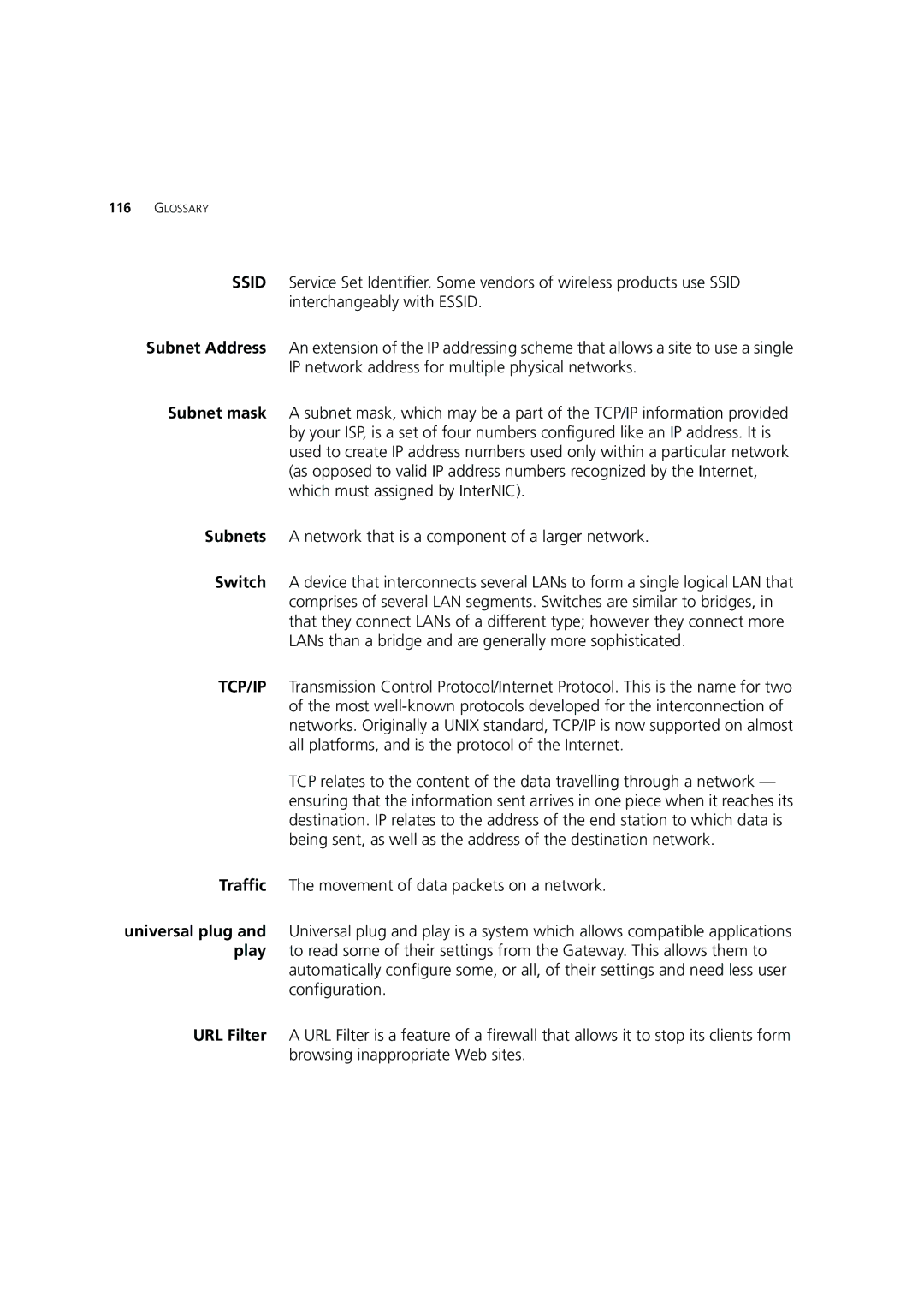 3Com 3CRWE554G72 manual Traffic The movement of data packets on a network 