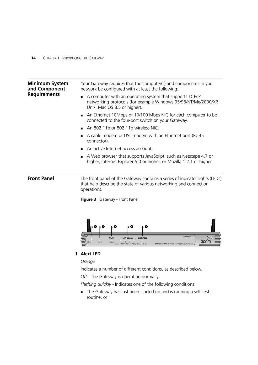 3Com 3CRWE554G72 manual Minimum System Component Requirements, Front Panel, Alert LED Orange 