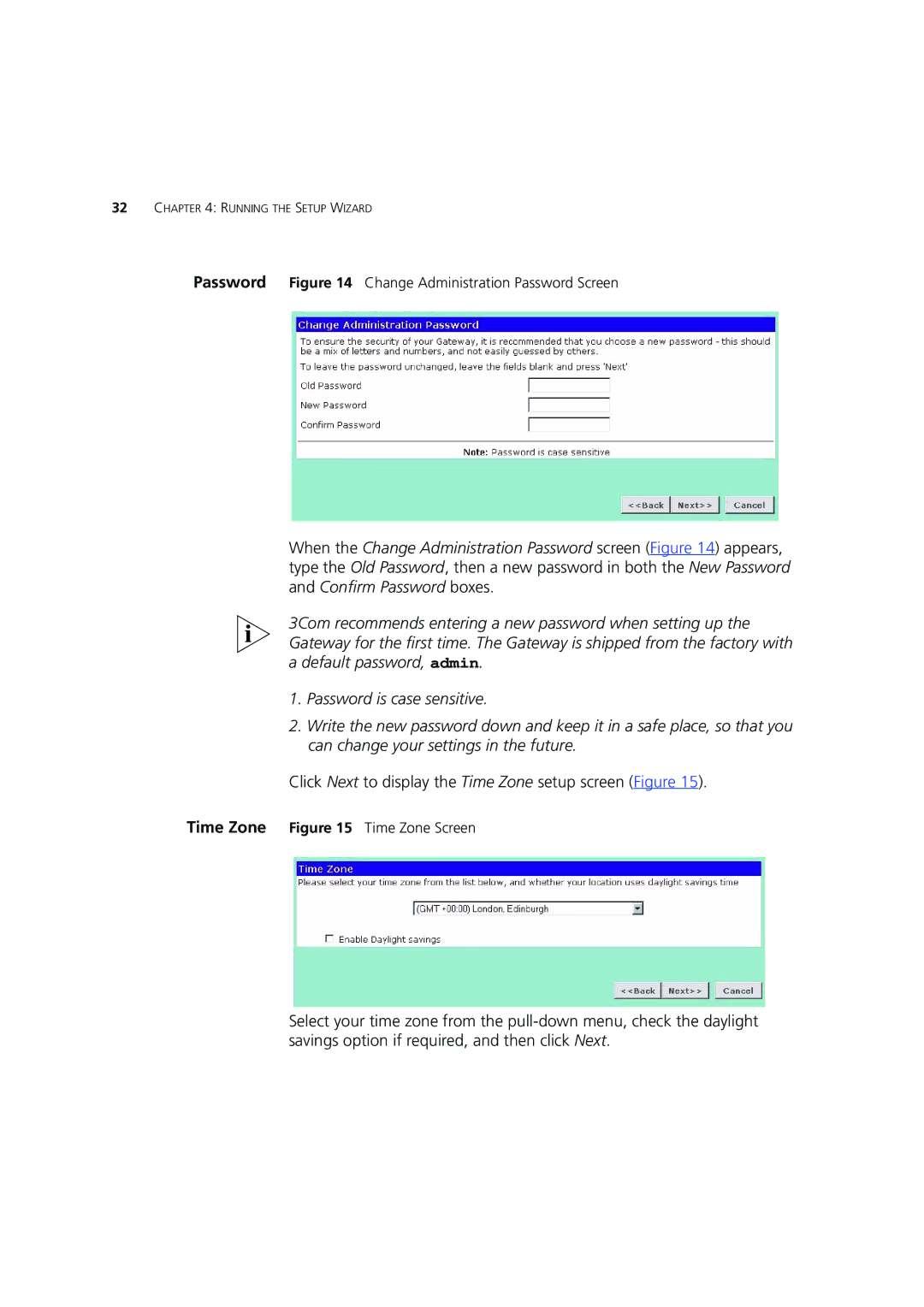 3Com 3CRWE554G72 manual Click Next to display the Time Zone setup screen Figure 