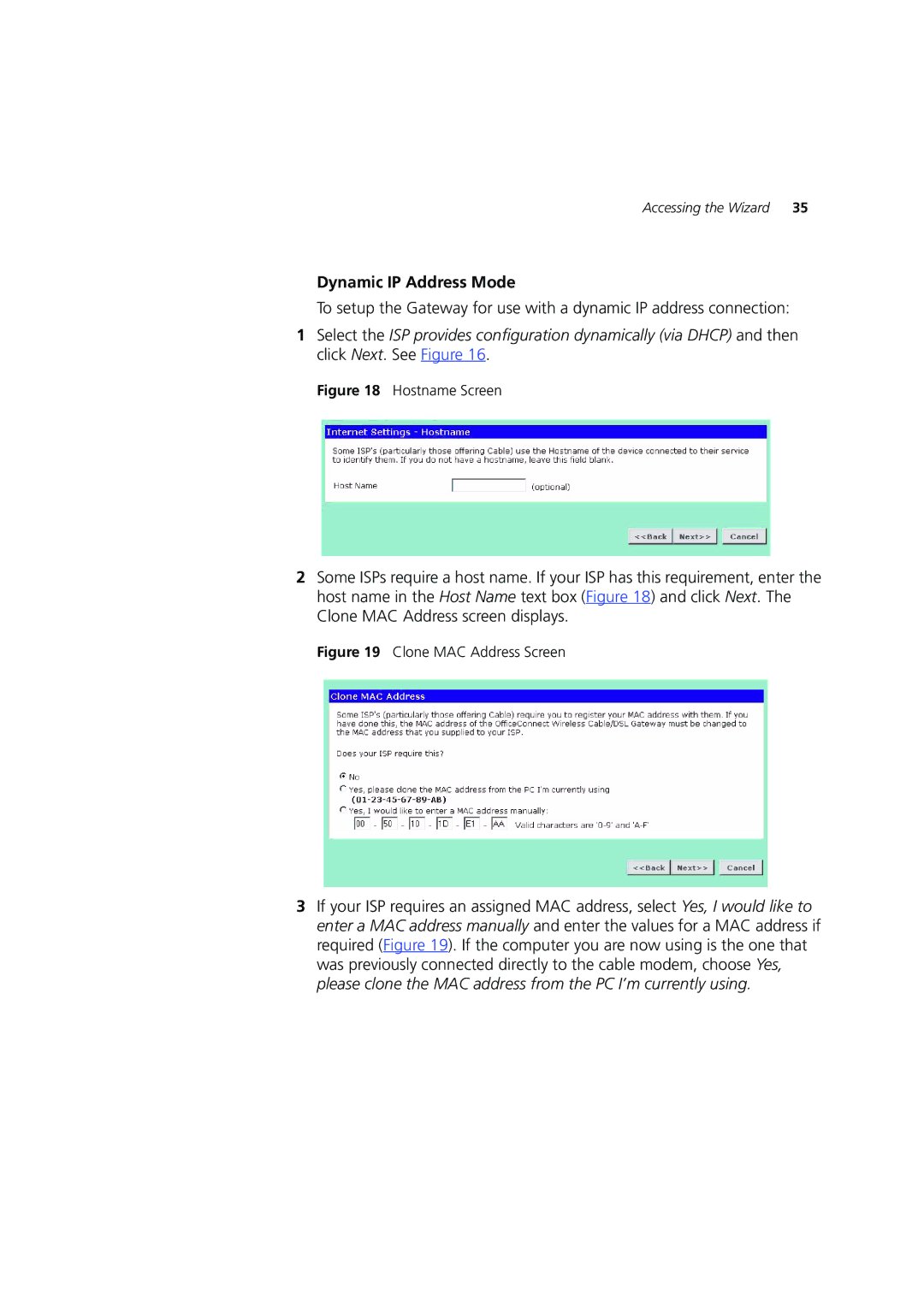 3Com 3CRWE554G72 manual Dynamic IP Address Mode, Hostname Screen 