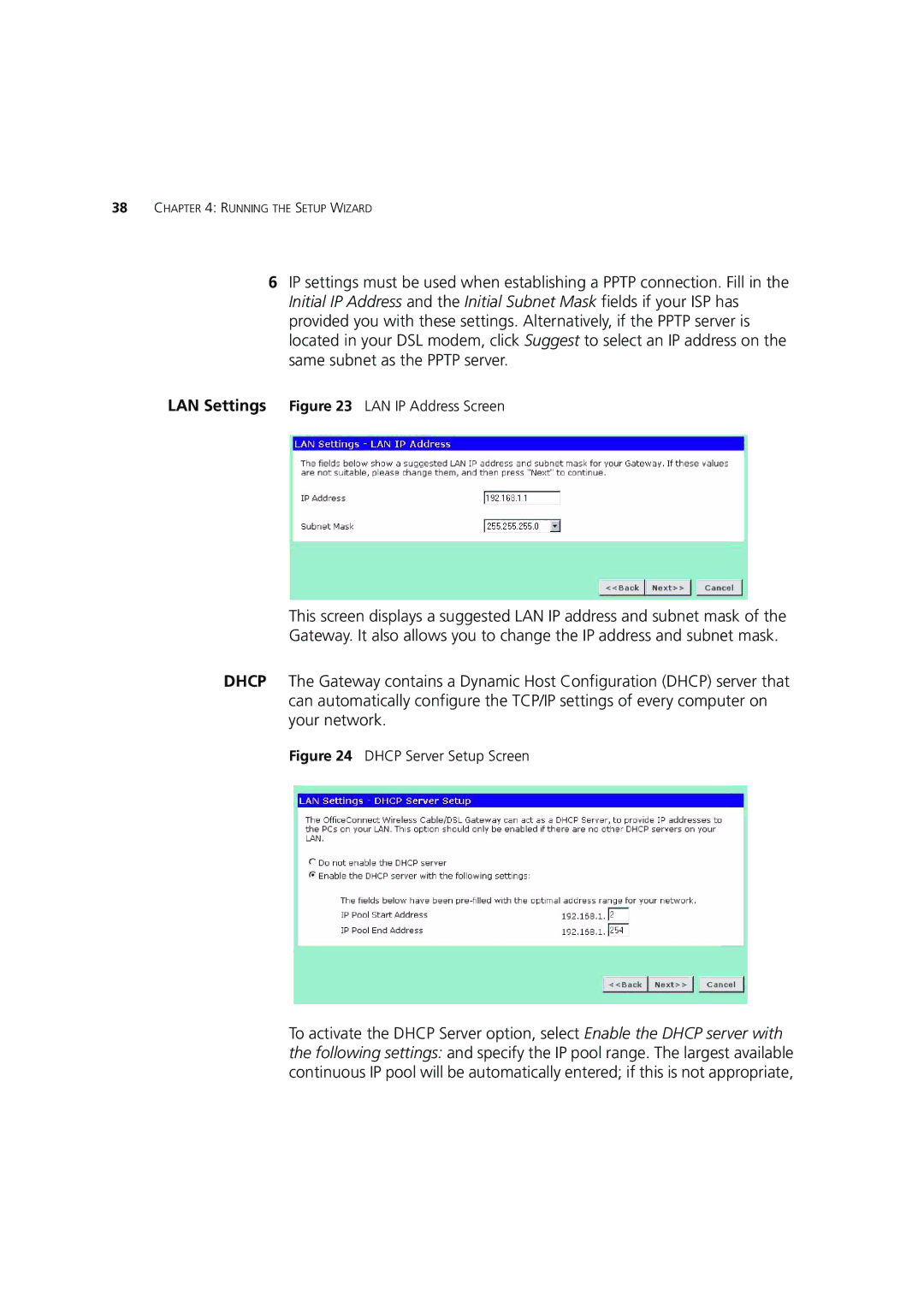 3Com 3CRWE554G72 manual LAN Settings LAN IP Address Screen 