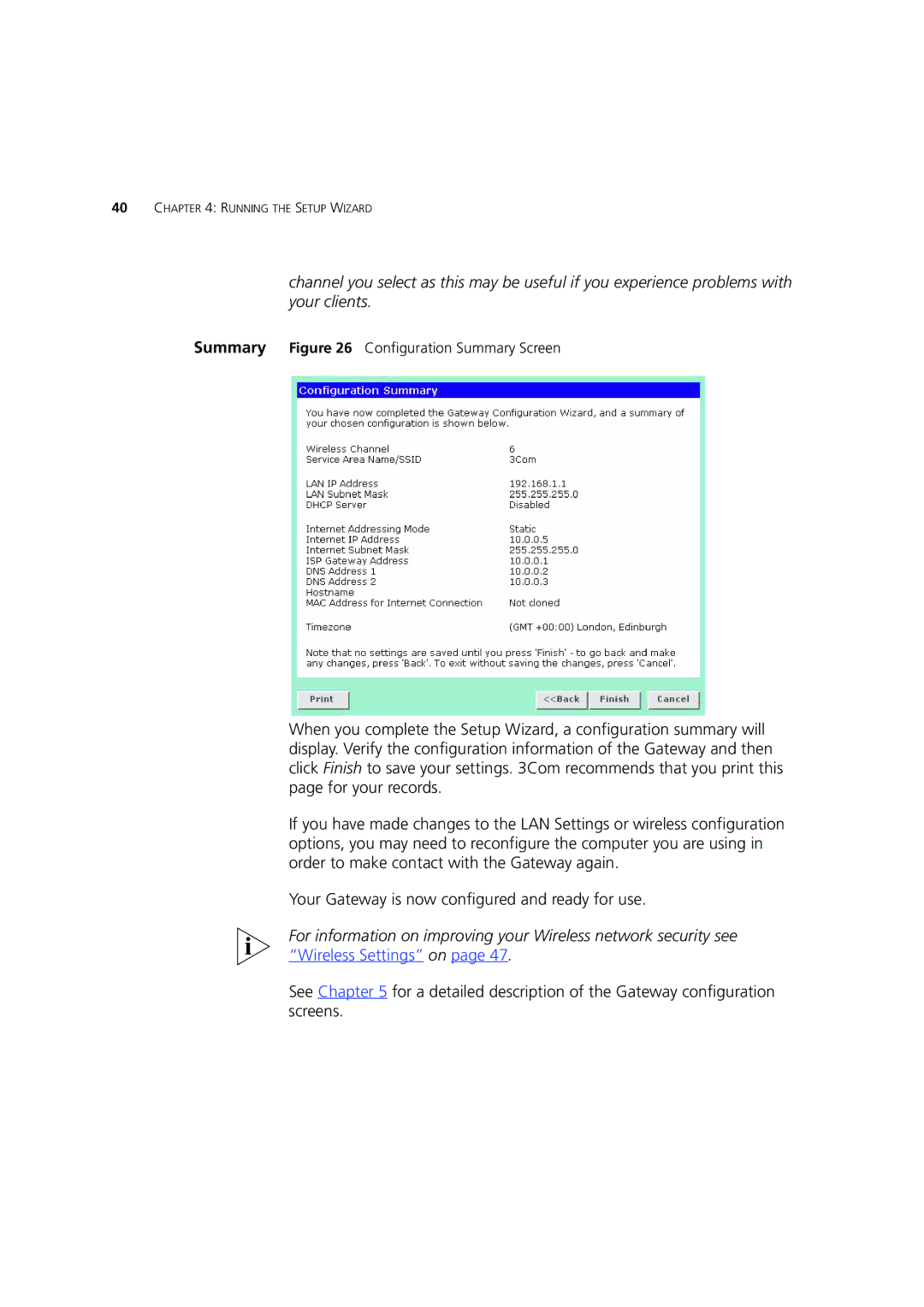 3Com 3CRWE554G72 manual Summary Configuration Summary Screen 