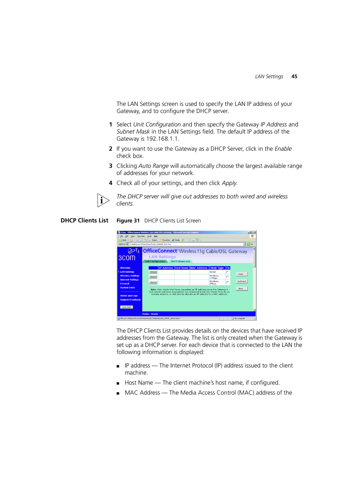 3Com 3CRWE554G72 manual Dhcp Clients List Dhcp Clients List Screen 