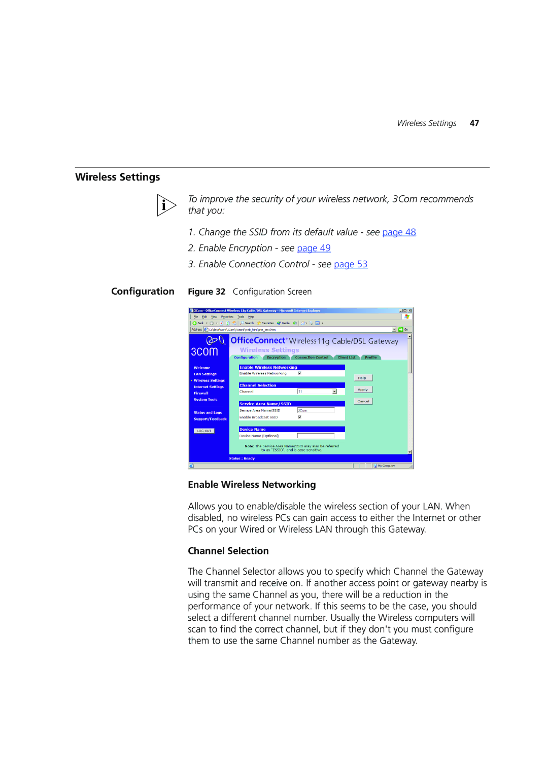 3Com 3CRWE554G72 manual Wireless Settings, Enable Wireless Networking, Channel Selection 