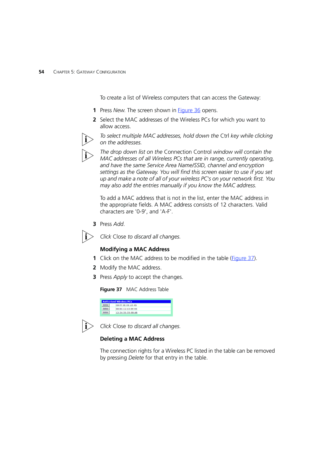 3Com 3CRWE554G72 manual Modifying a MAC Address, Deleting a MAC Address 