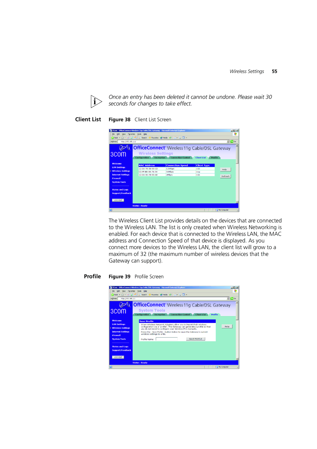 3Com 3CRWE554G72 manual Client List Screen 