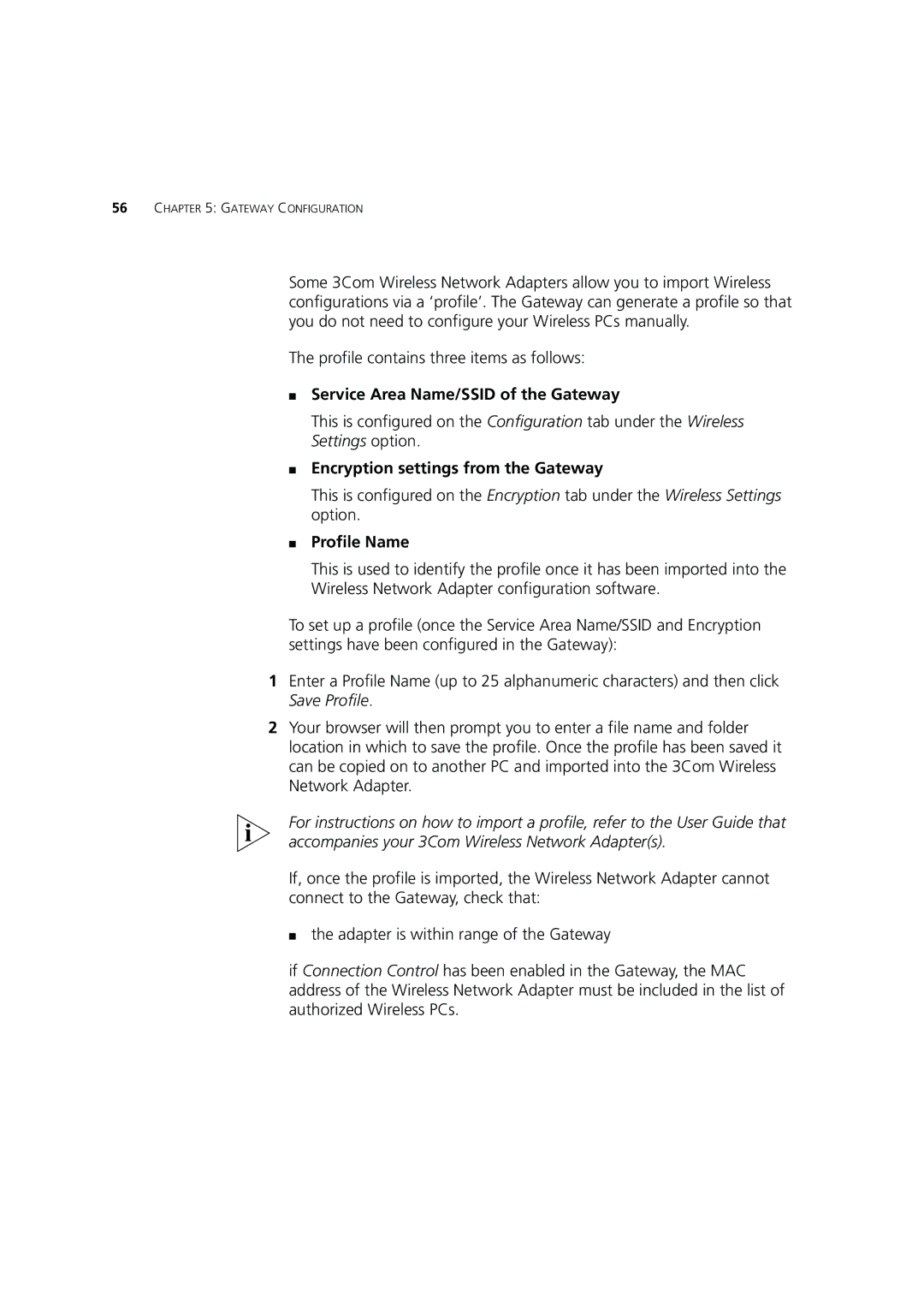 3Com 3CRWE554G72 manual Service Area Name/SSID of the Gateway, Encryption settings from the Gateway, Profile Name 