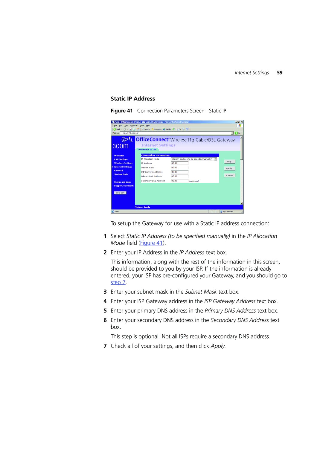 3Com 3CRWE554G72 manual Static IP Address, Connection Parameters Screen Static IP 