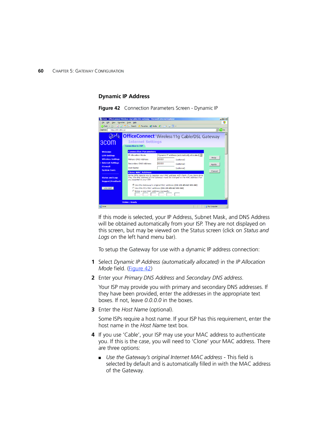 3Com 3CRWE554G72 manual Dynamic IP Address, Connection Parameters Screen Dynamic IP 