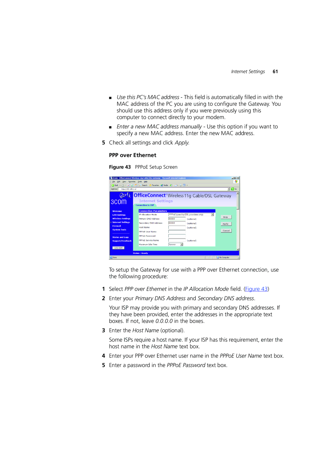 3Com 3CRWE554G72 manual PPP over Ethernet, PPPoE Setup Screen 