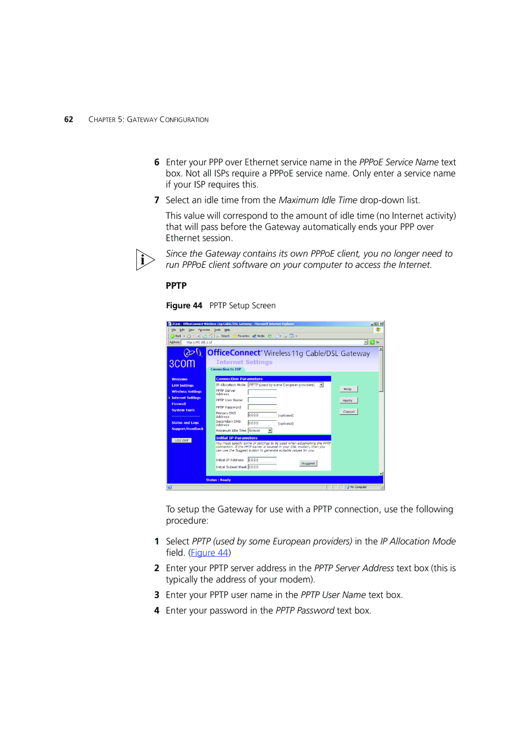 3Com 3CRWE554G72 manual Pptp 