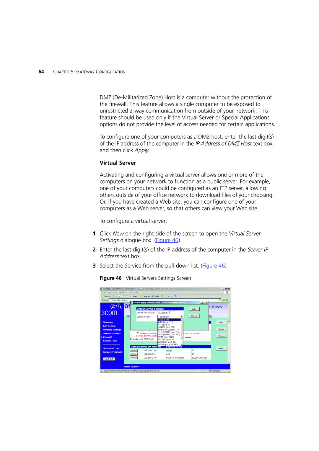 3Com 3CRWE554G72 manual Virtual Servers Settings Screen 