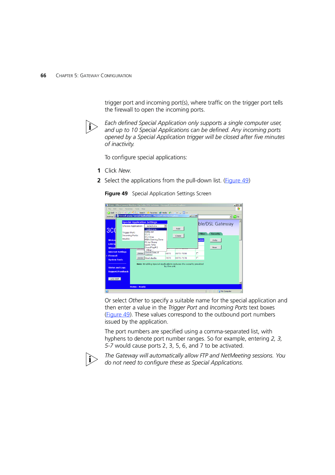 3Com 3CRWE554G72 manual Special Application Settings Screen 