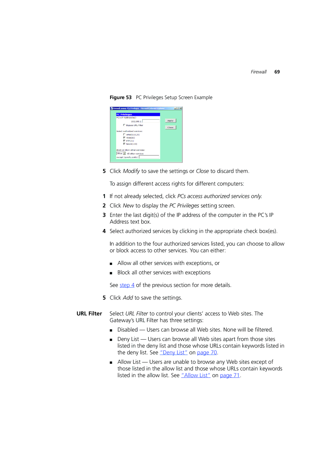 3Com 3CRWE554G72 manual PC Privileges Setup Screen Example 