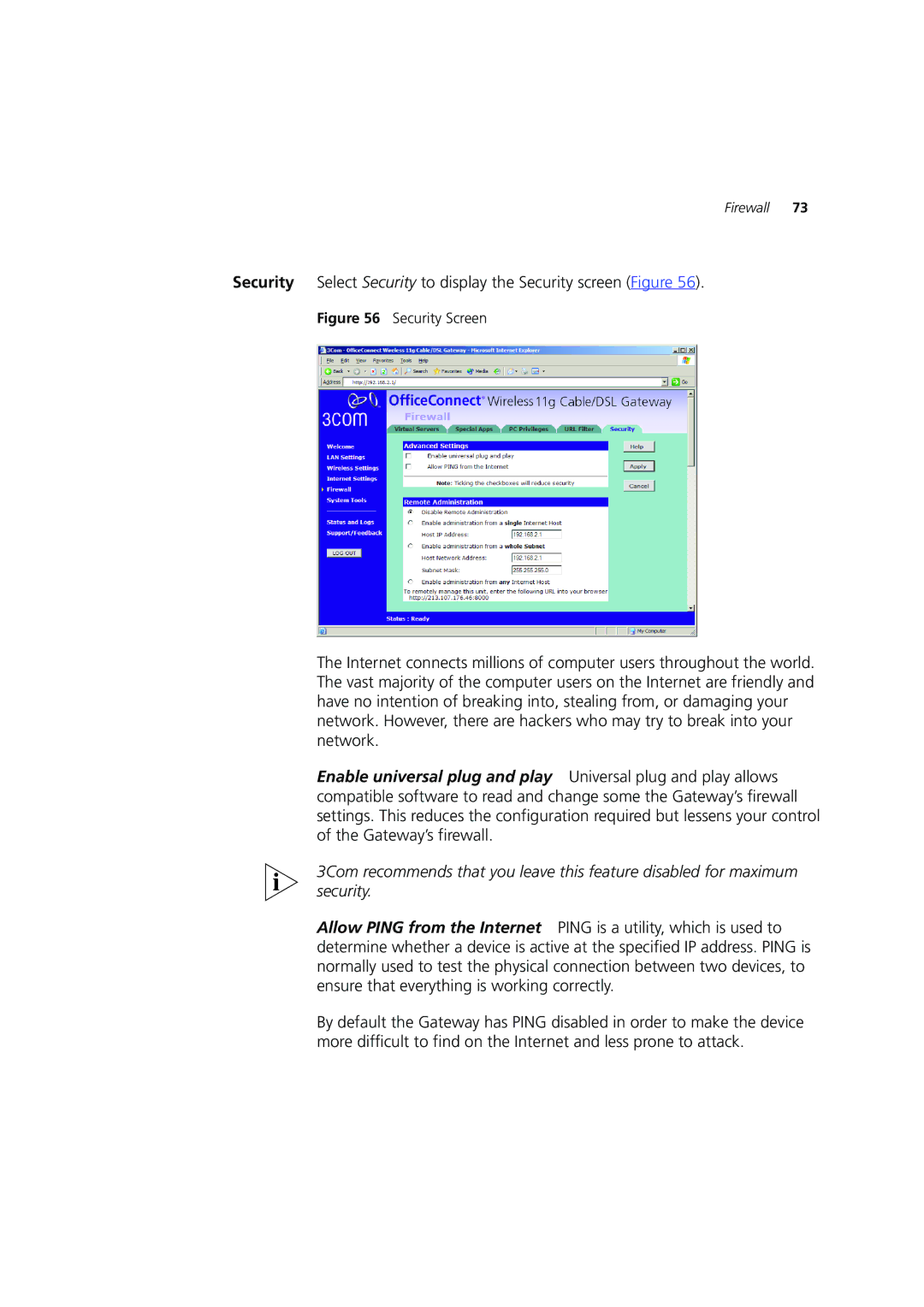 3Com 3CRWE554G72 manual Security Screen 