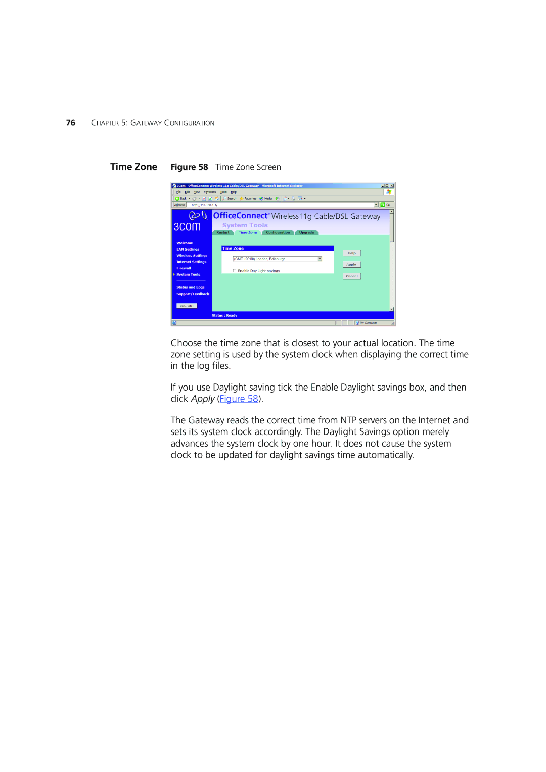 3Com 3CRWE554G72 manual Time Zone Time Zone Screen 