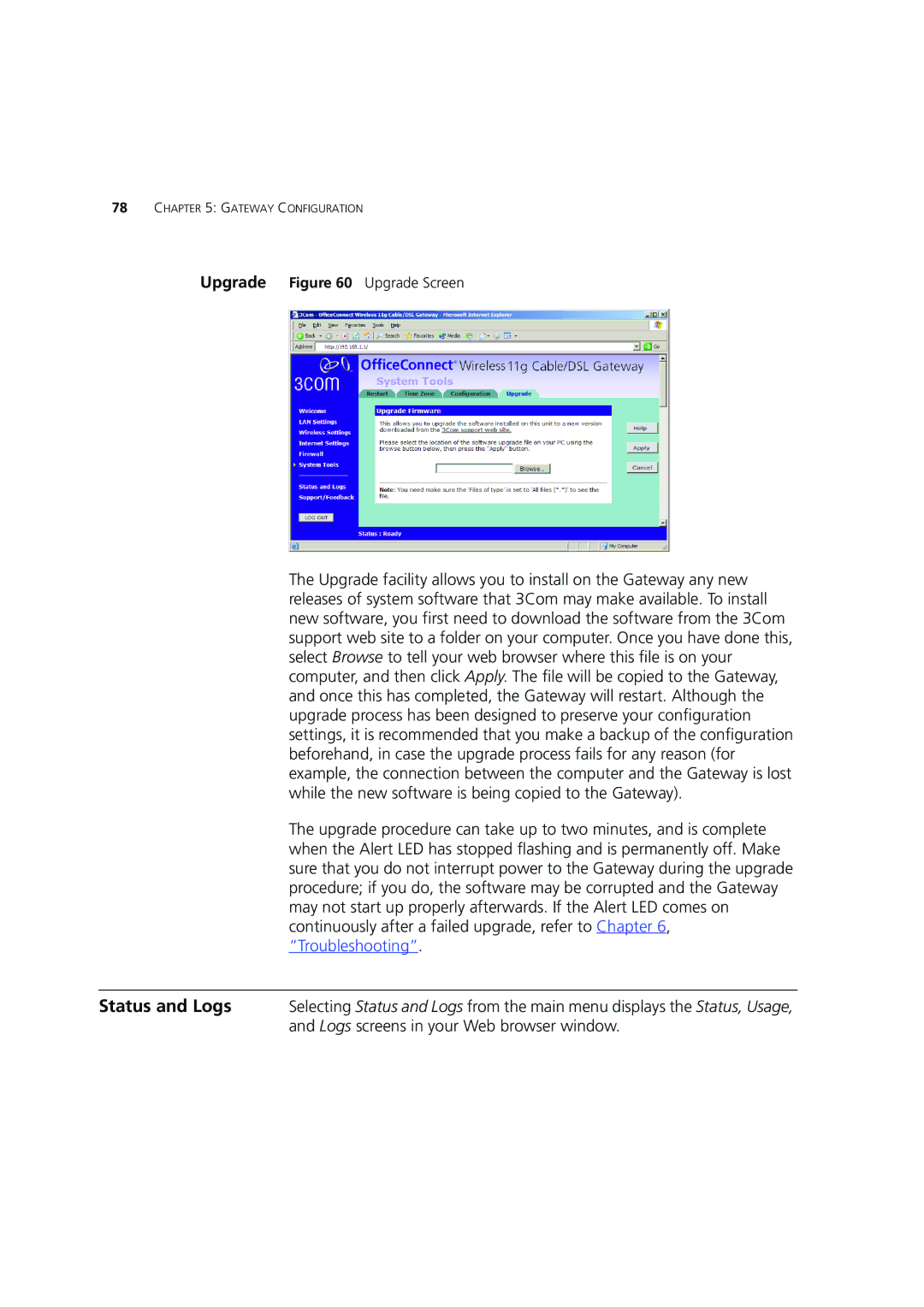 3Com 3CRWE554G72 manual Status and Logs 