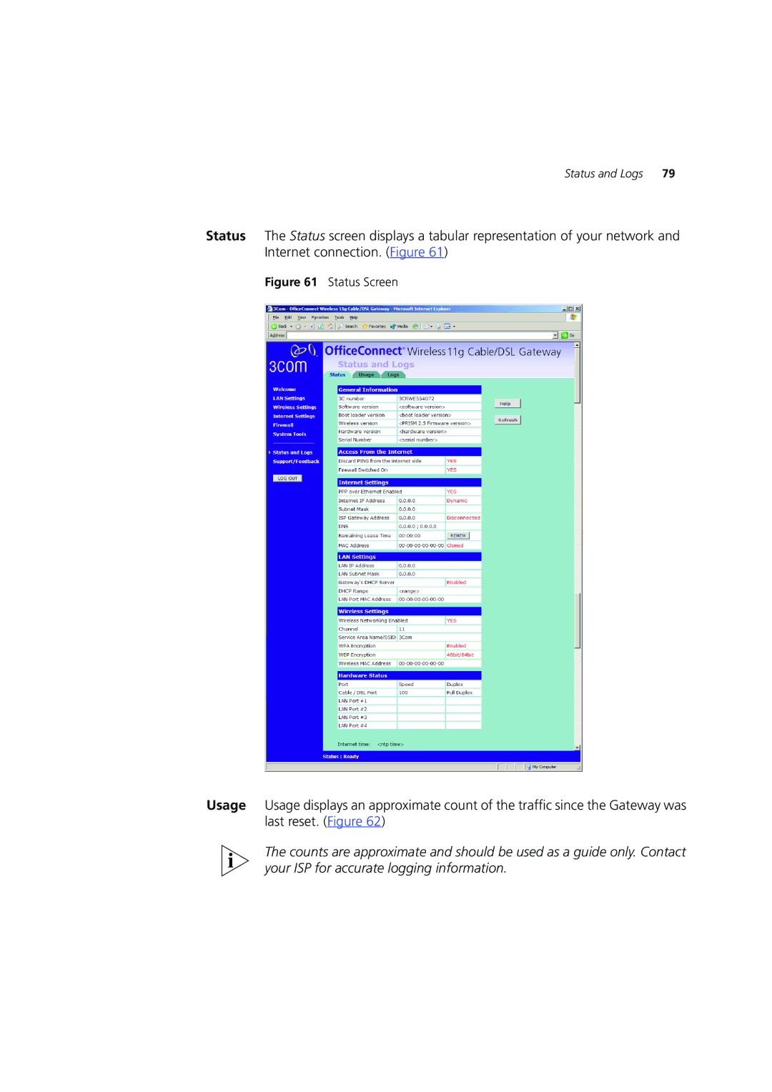 3Com 3CRWE554G72 manual Status Screen 