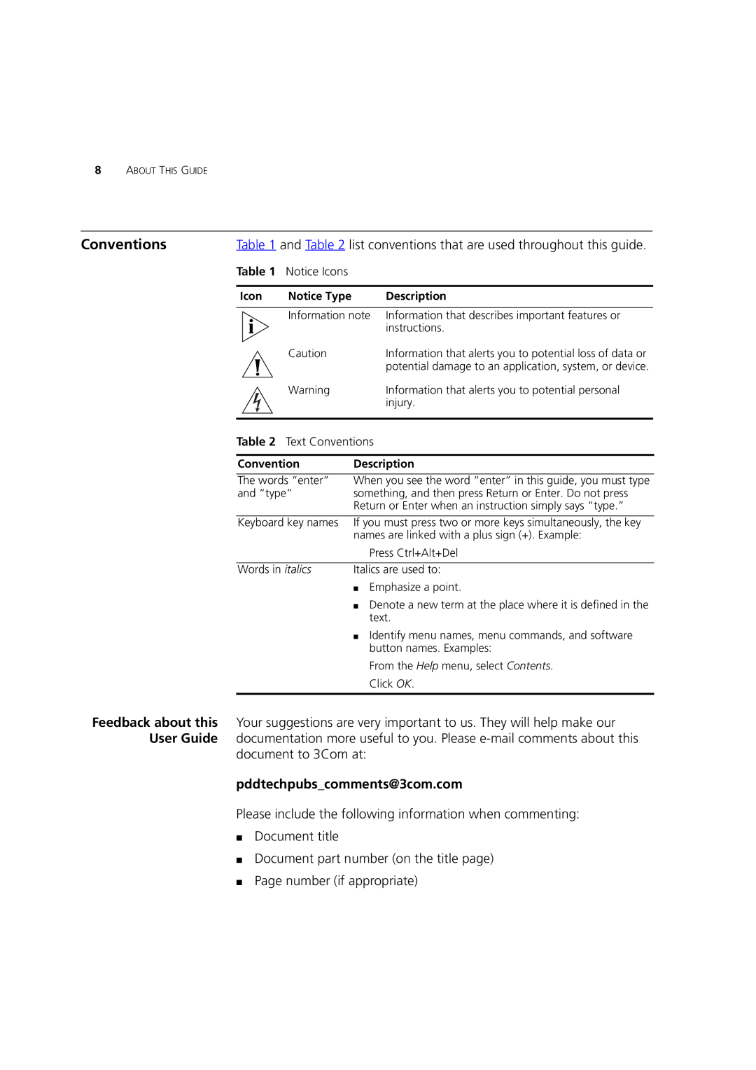3Com 3CRWE554G72 manual Conventions, Pddtechpubscomments@3com.com 