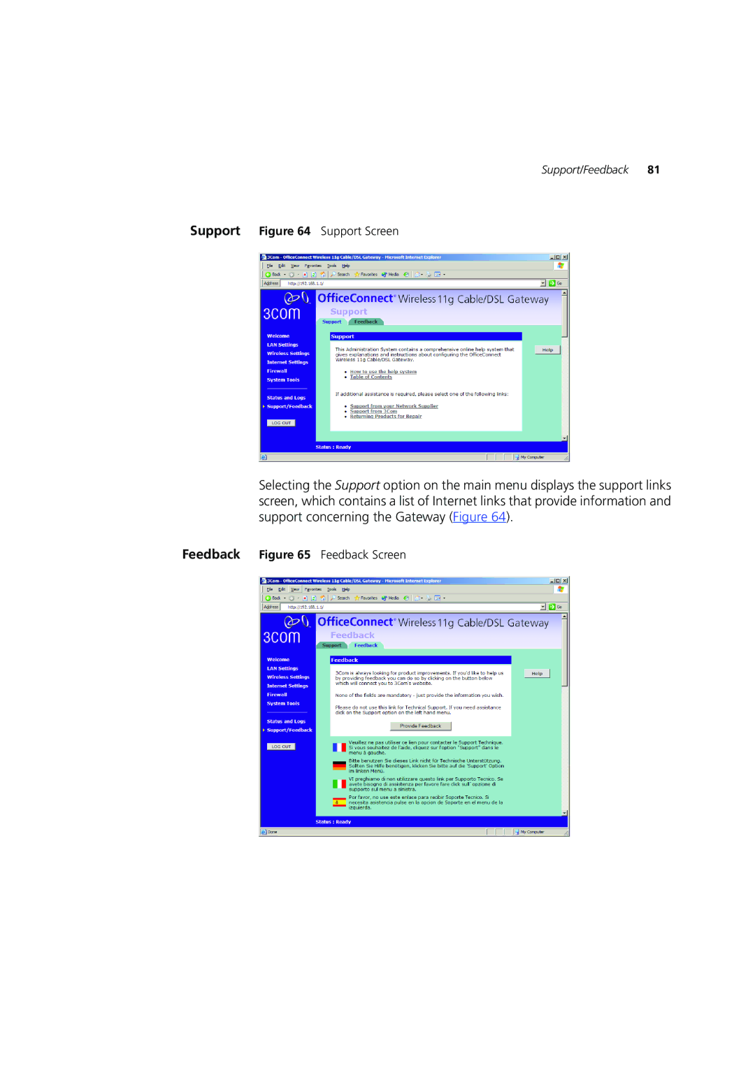 3Com 3CRWE554G72 manual Support Support Screen 