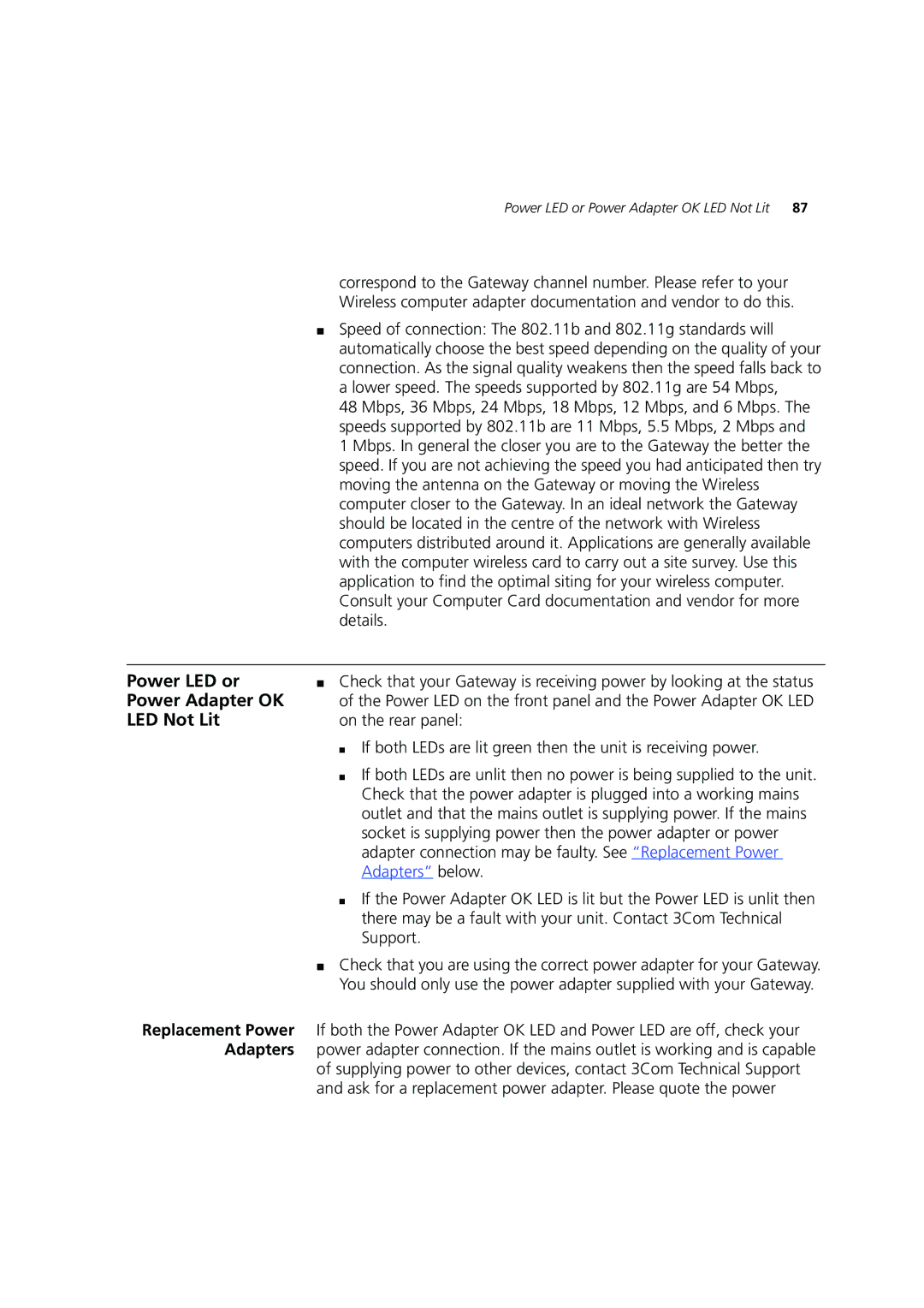 3Com 3CRWE554G72 manual Power LED or, Power Adapter OK, LED Not Lit 