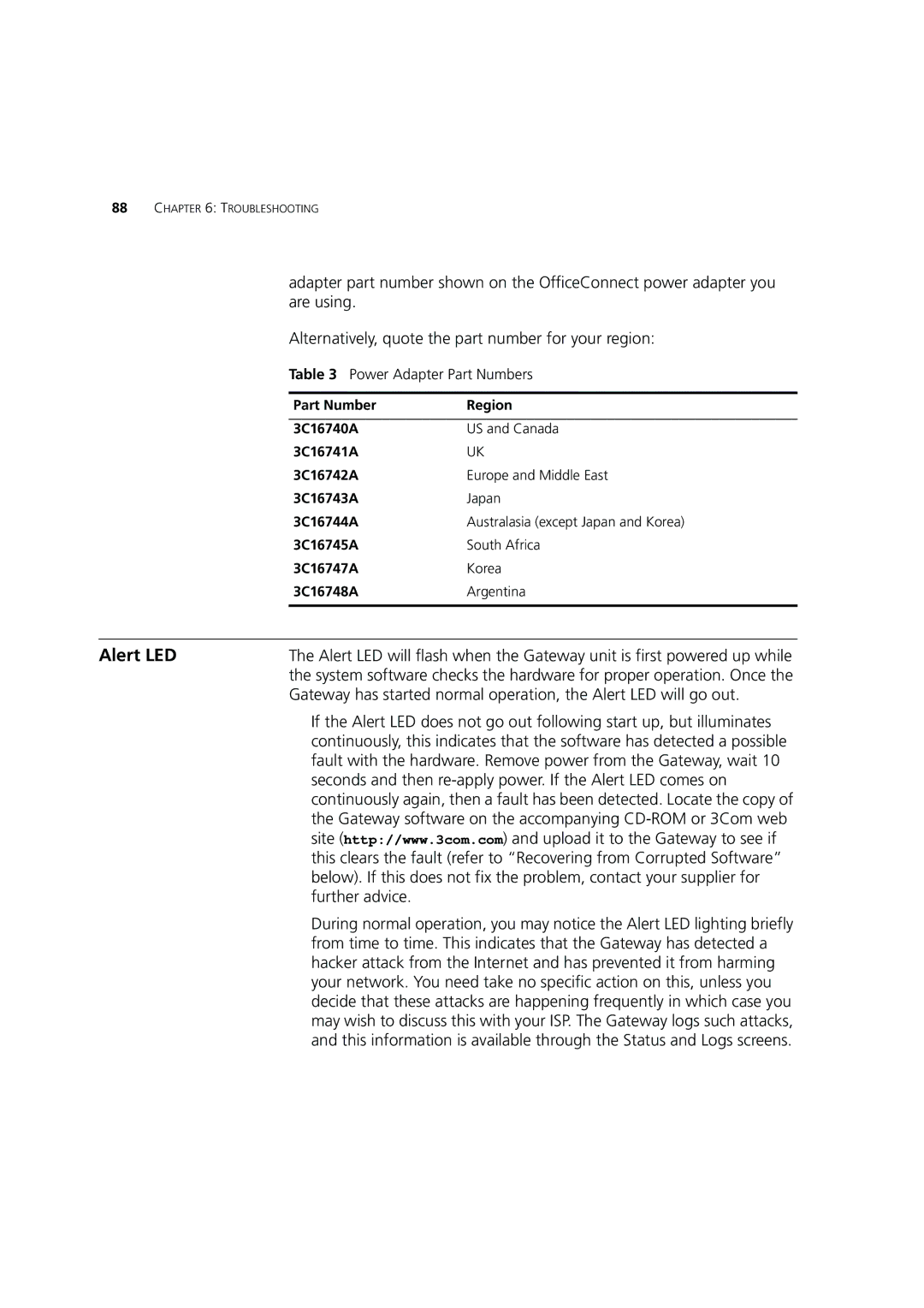 3Com 3CRWE554G72 manual Alert LED, Power Adapter Part Numbers 