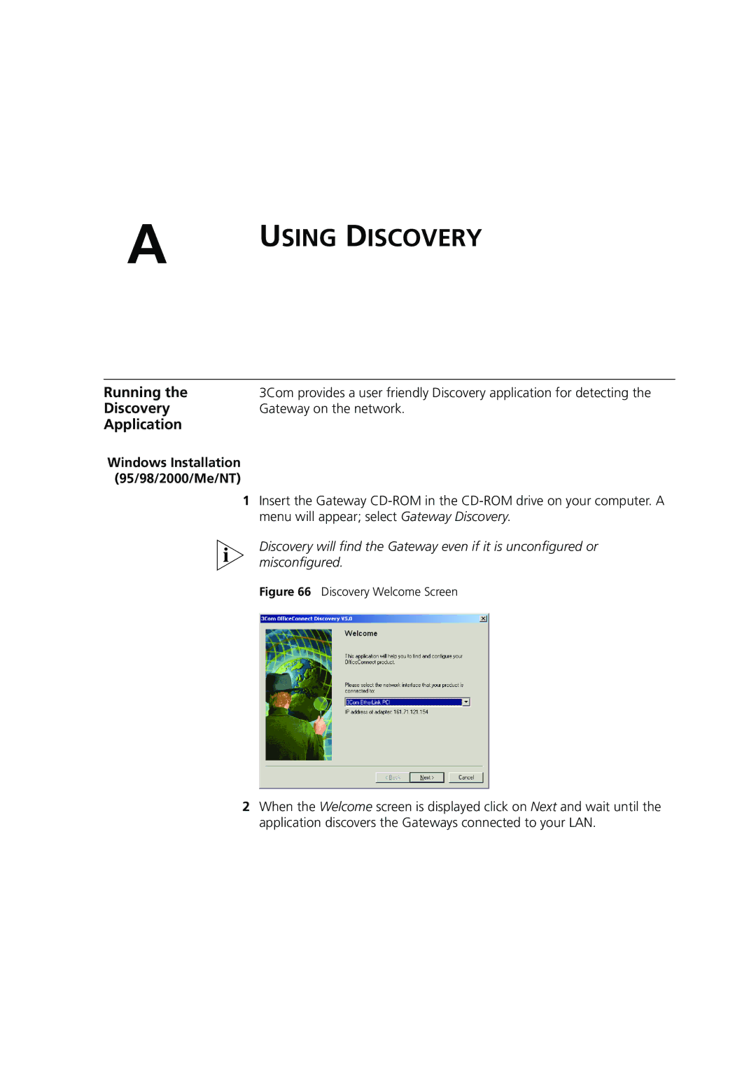 3Com 3CRWE554G72 manual Running, Discovery, Application, Gateway on the network, Windows Installation 95/98/2000/Me/NT 