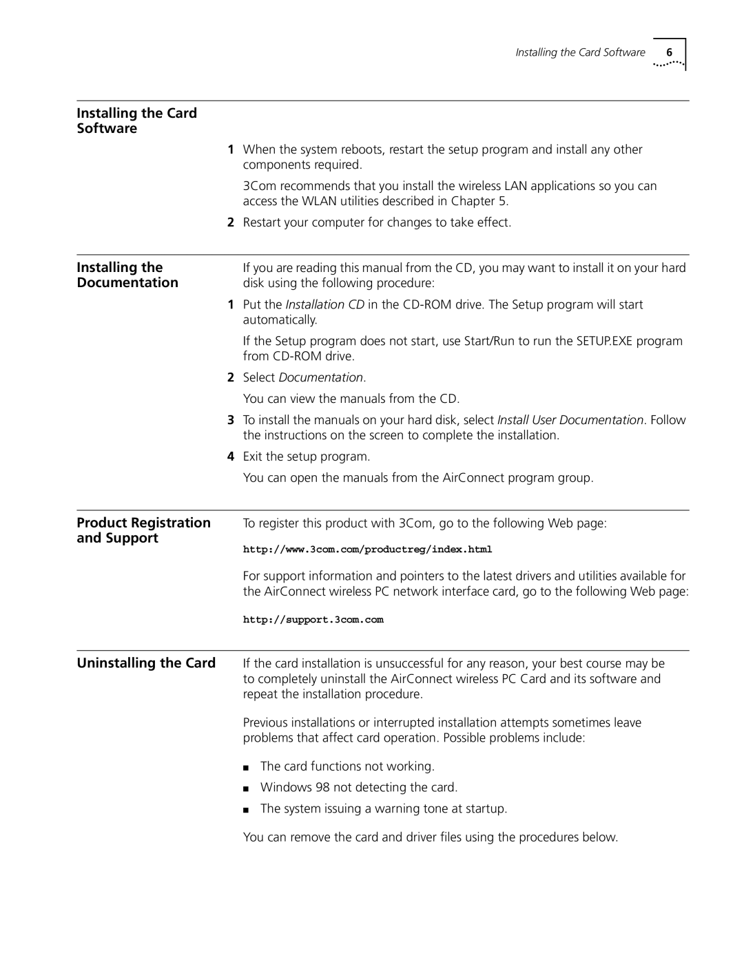 3Com 3CRWE73796B manual Installing the Card Software, Documentation, Product Registration, Support, Uninstalling the Card 