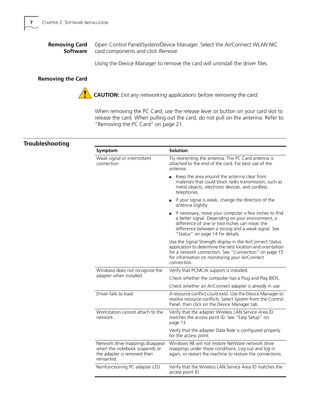 3Com 3CRWE73796B manual Troubleshooting, Removing the Card 