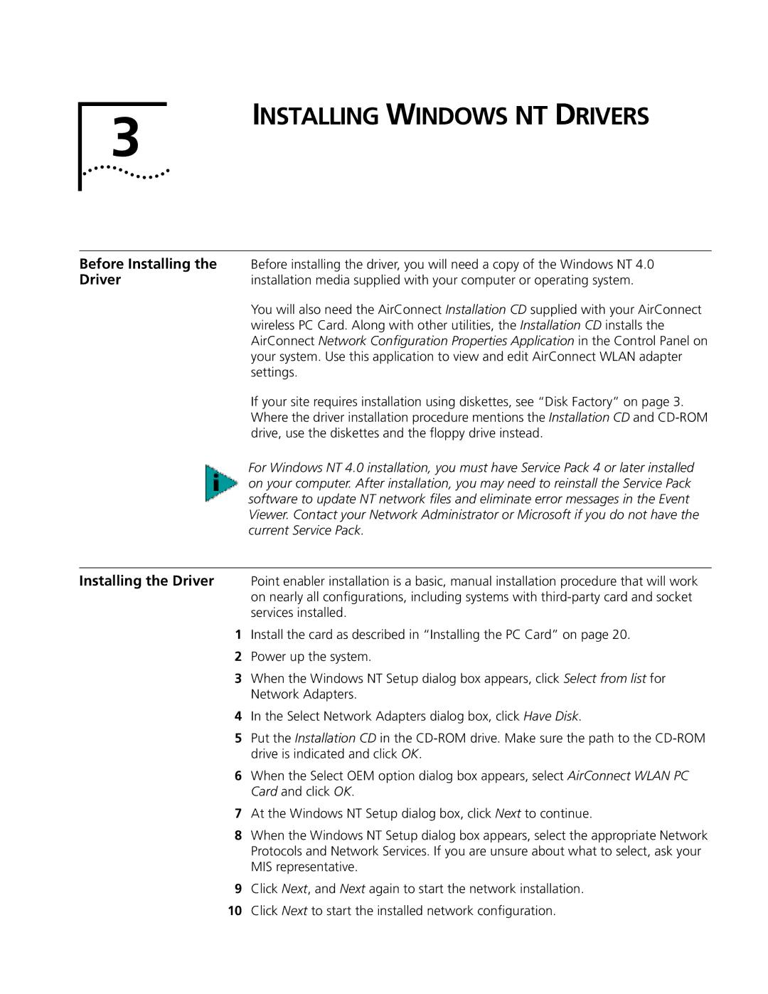 3Com 3CRWE73796B manual Installing Windows NT Drivers, Before Installing, Current Service Pack 