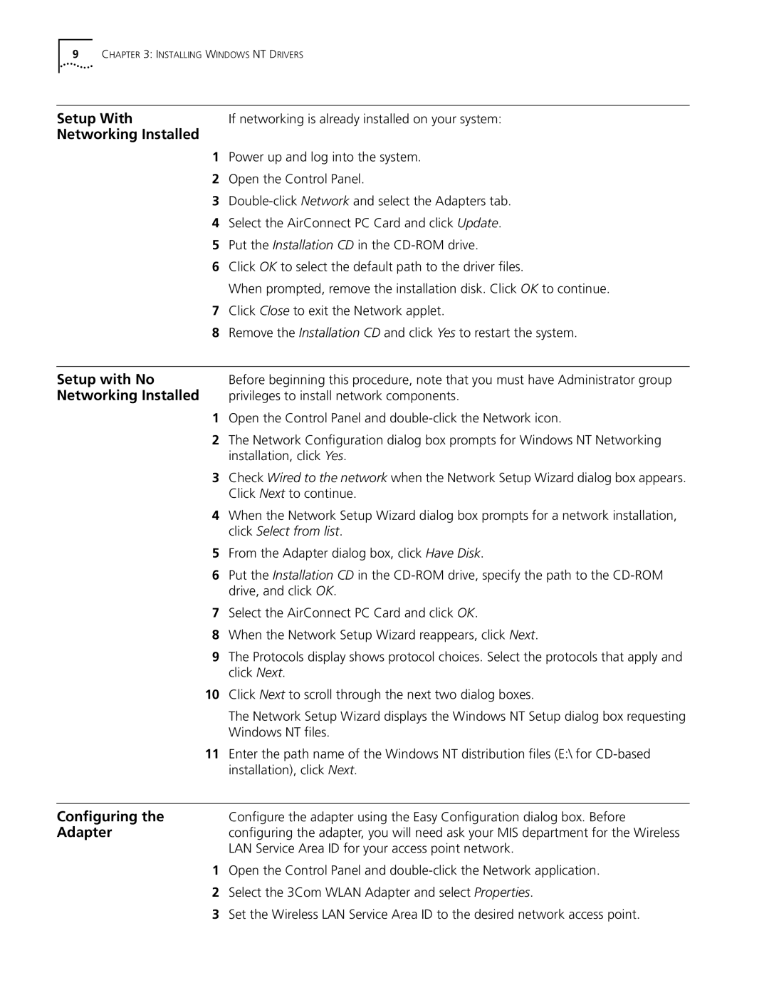 3Com 3CRWE73796B manual Setup With, Networking Installed, Setup with No, Conﬁguring, Adapter 