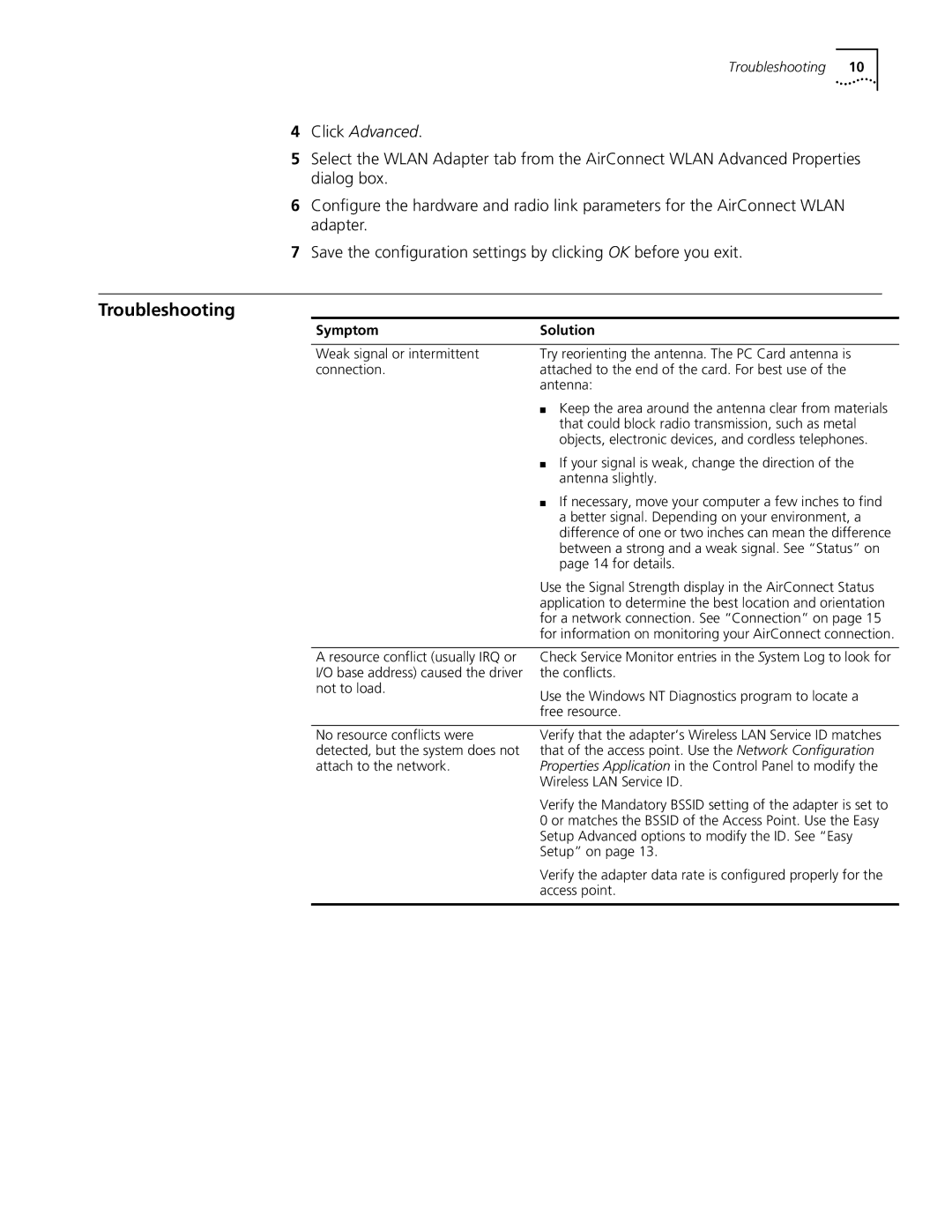 3Com 3CRWE73796B manual Troubleshooting, Click Advanced 