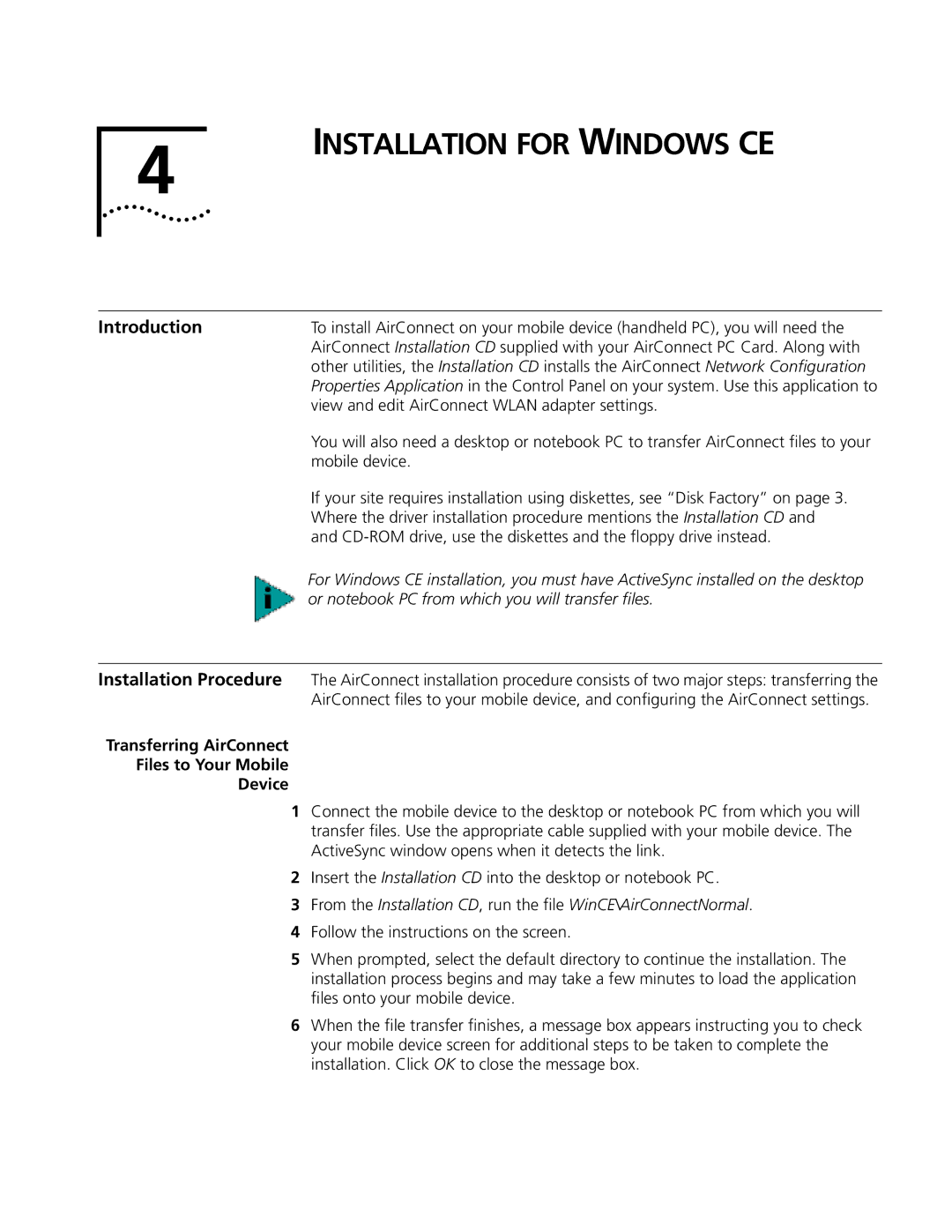 3Com 3CRWE73796B manual Installation for Windows CE, Or notebook PC from which you will transfer ﬁles 