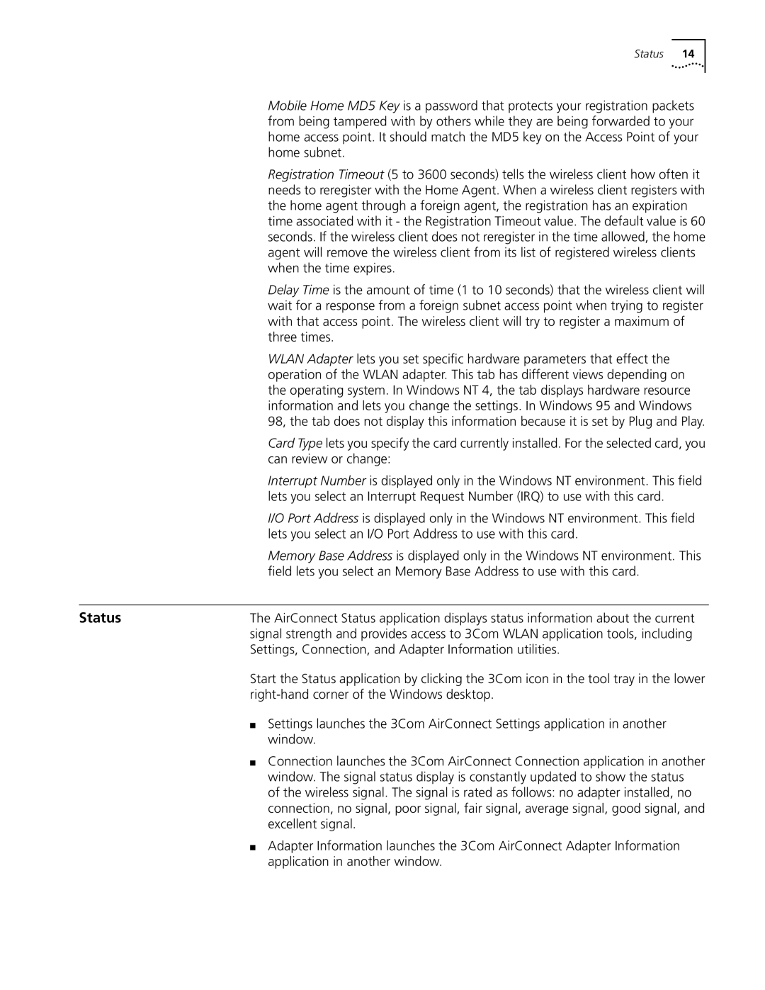 3Com 3CRWE73796B manual Status 