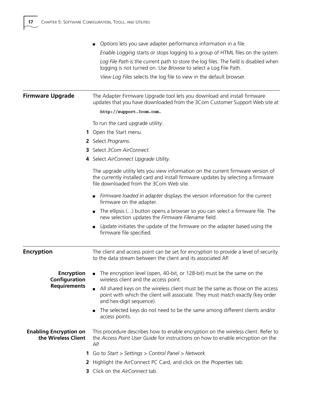 3Com 3CRWE73796B manual Encryption, Conﬁguration, Requirements 