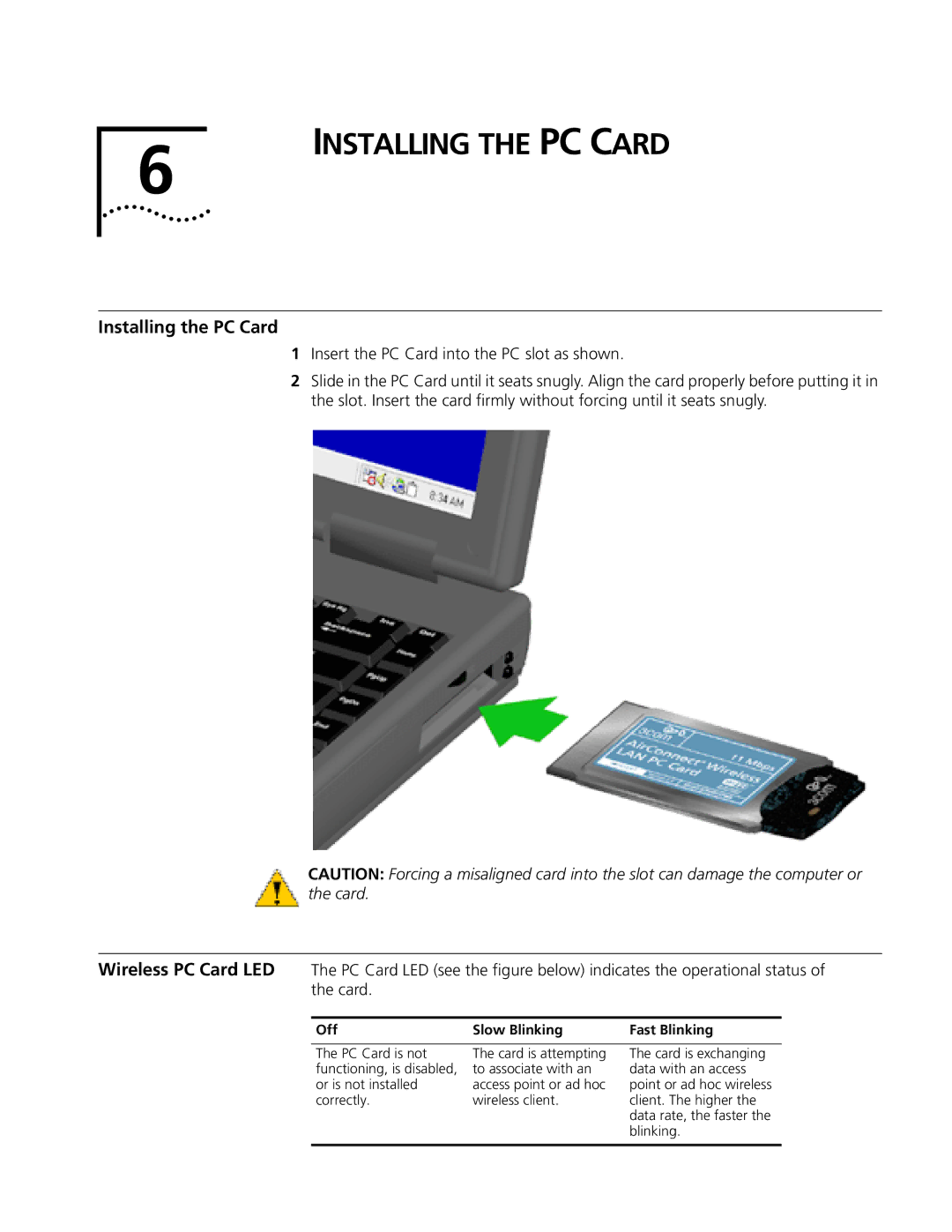 3Com 3CRWE73796B manual Installing the PC Card 