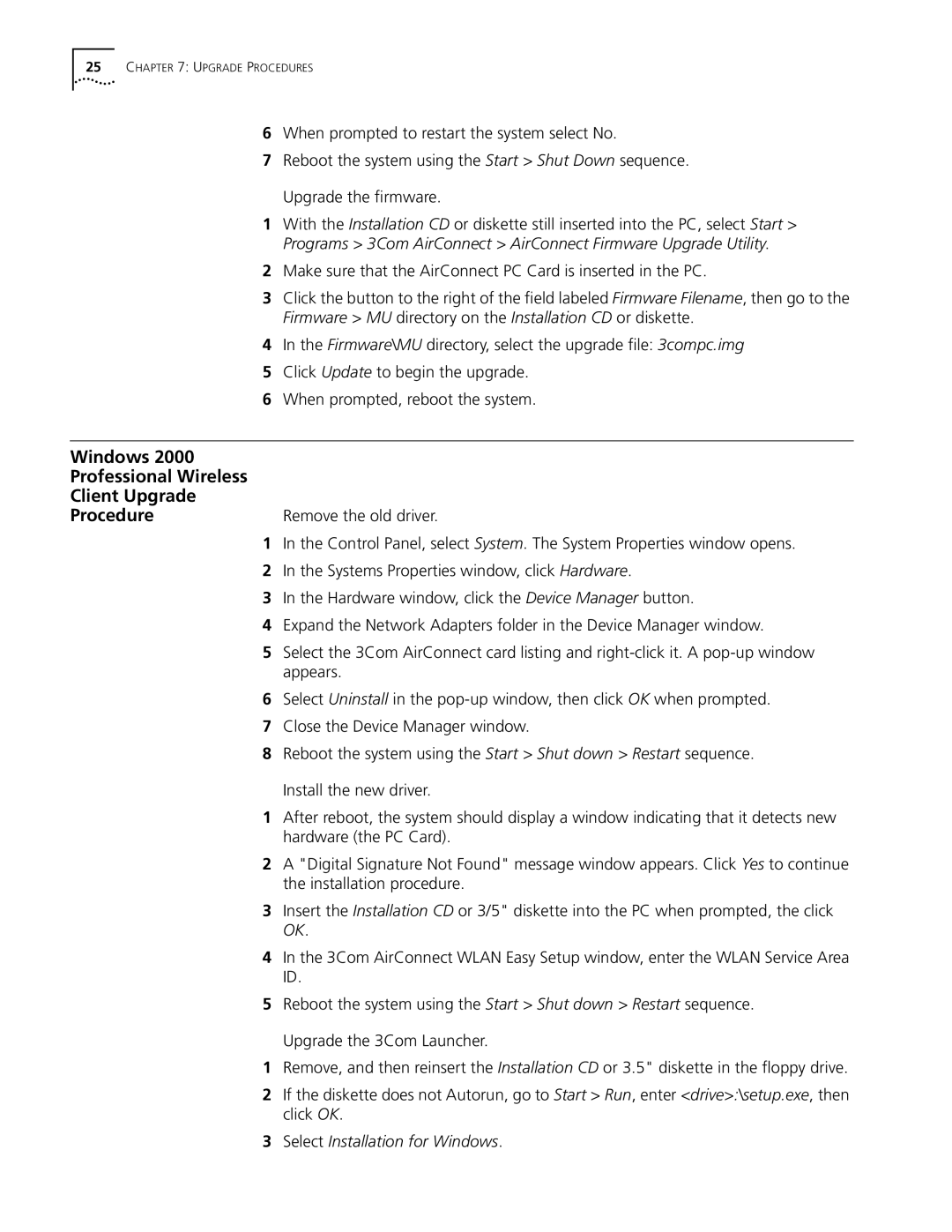 3Com 3CRWE73796B manual Windows Professional Wireless Client Upgrade, Systems Properties window, click Hardware, Appears 