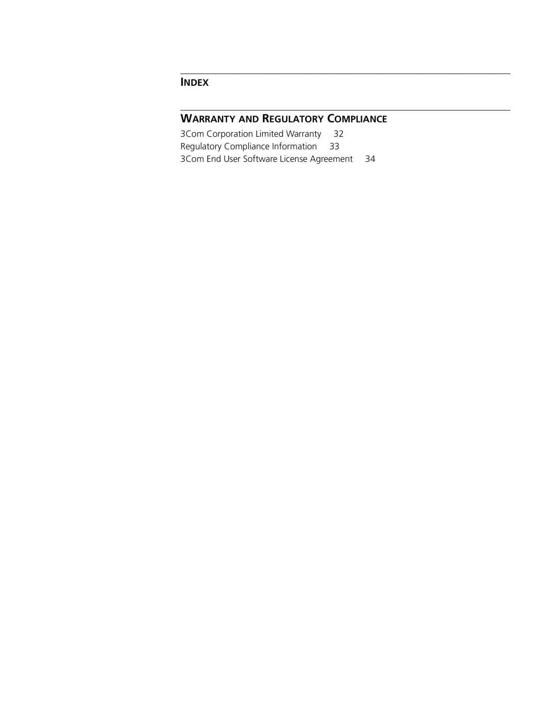 3Com 3CRWE73796B manual Index Warranty and Regulatory Compliance 