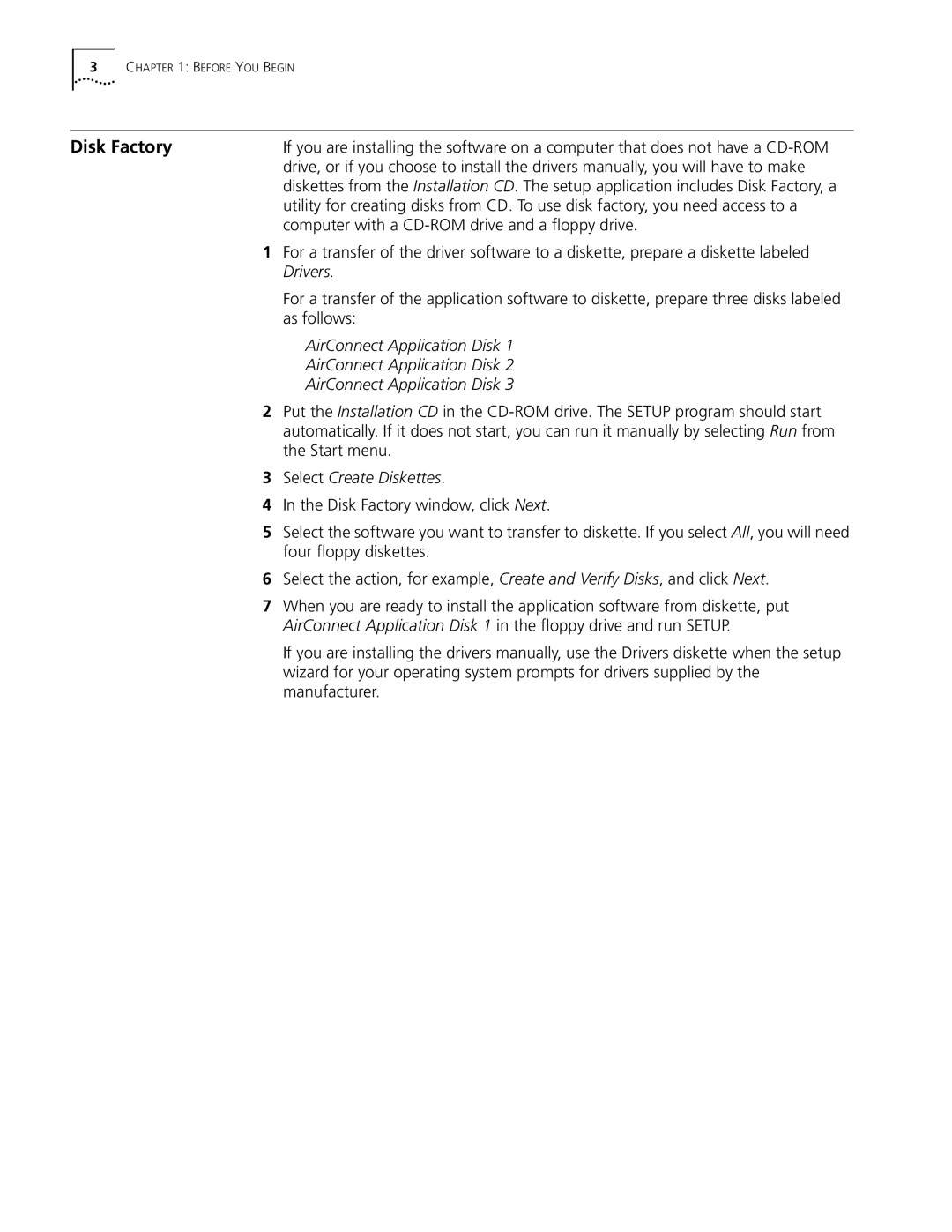 3Com 3CRWE73796B manual Disk Factory, Drivers, AirConnect Application Disk, Select Create Diskettes 
